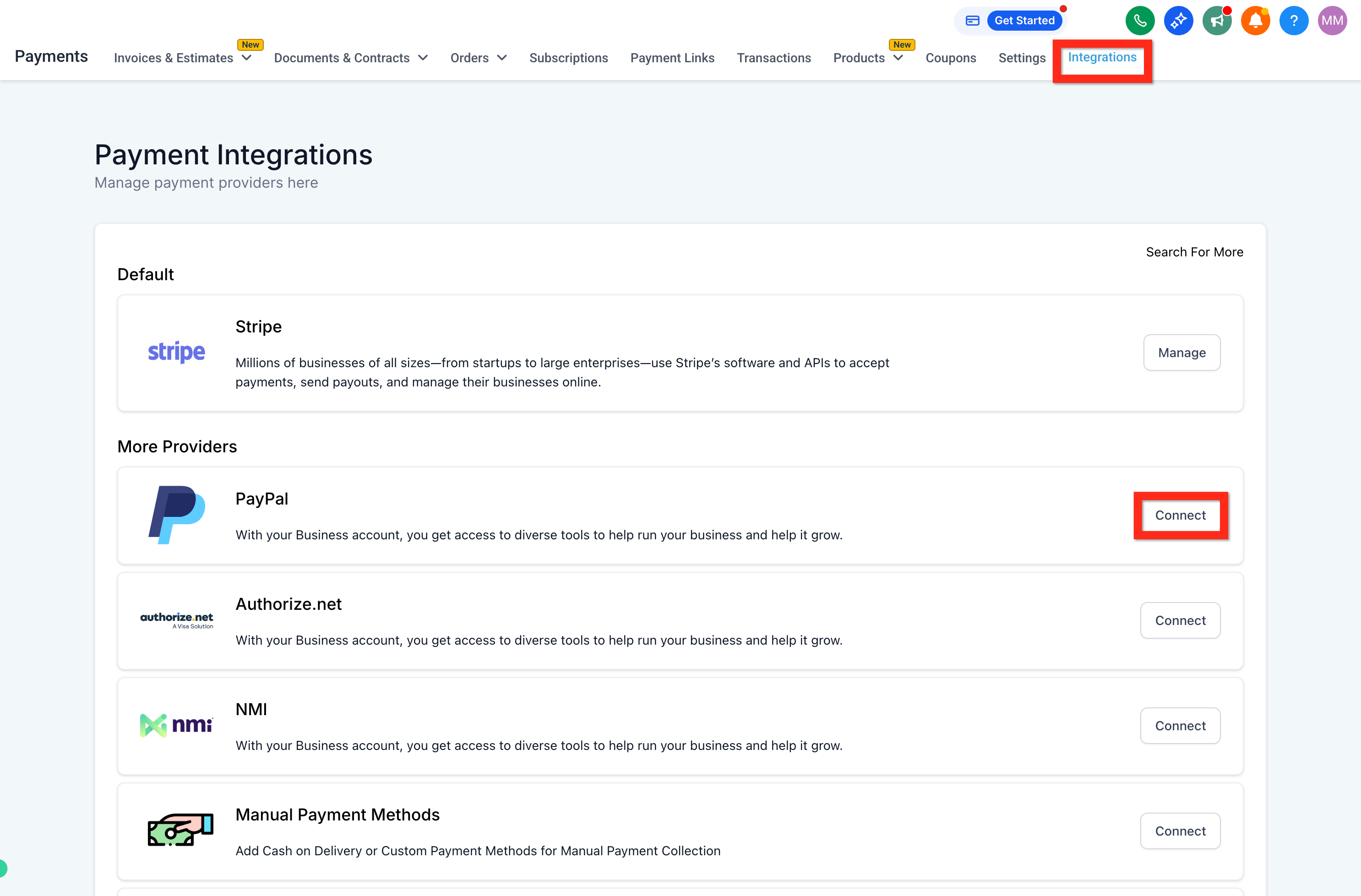 Payments Integrations page