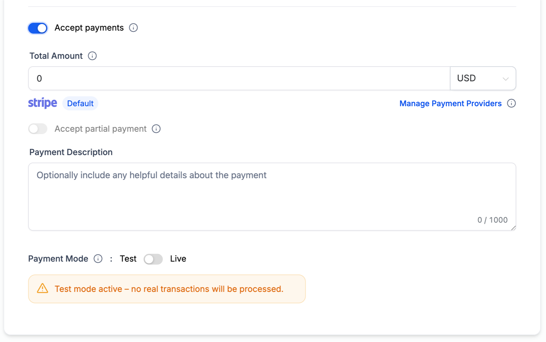 PayPal payment settings in calendar