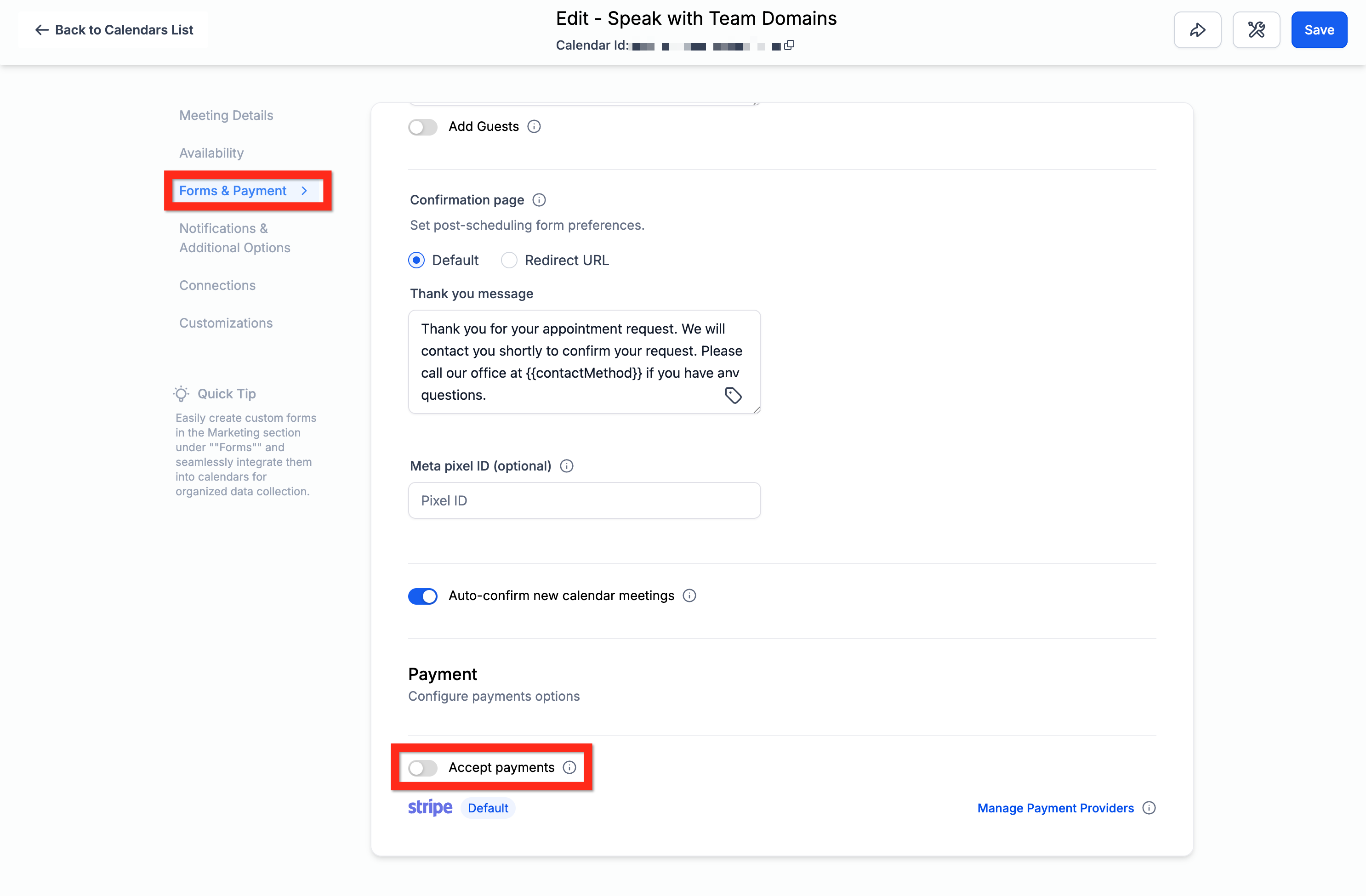 Accept Payments toggle