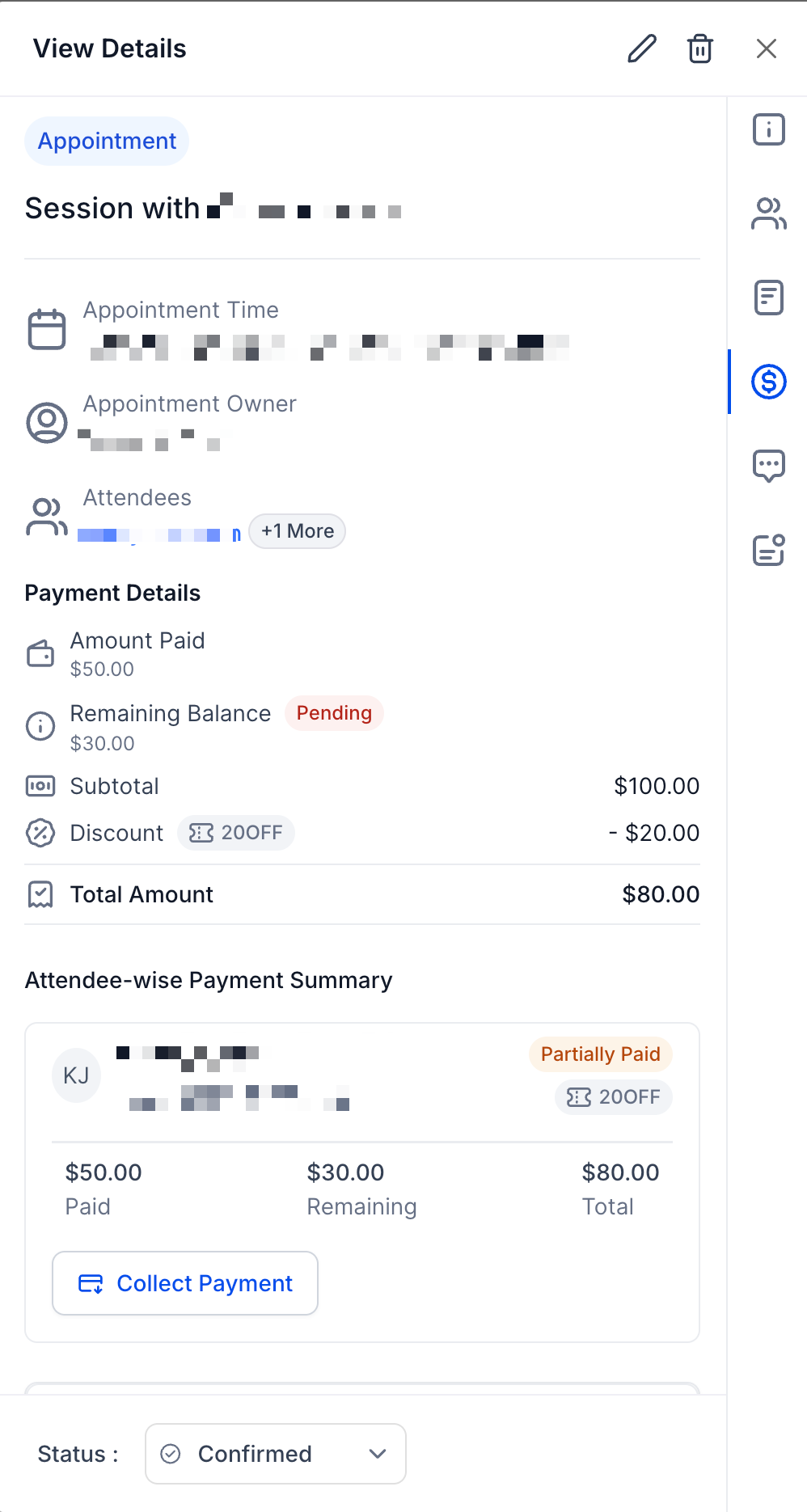 Payments Tab showing coupon discount and adjusted total