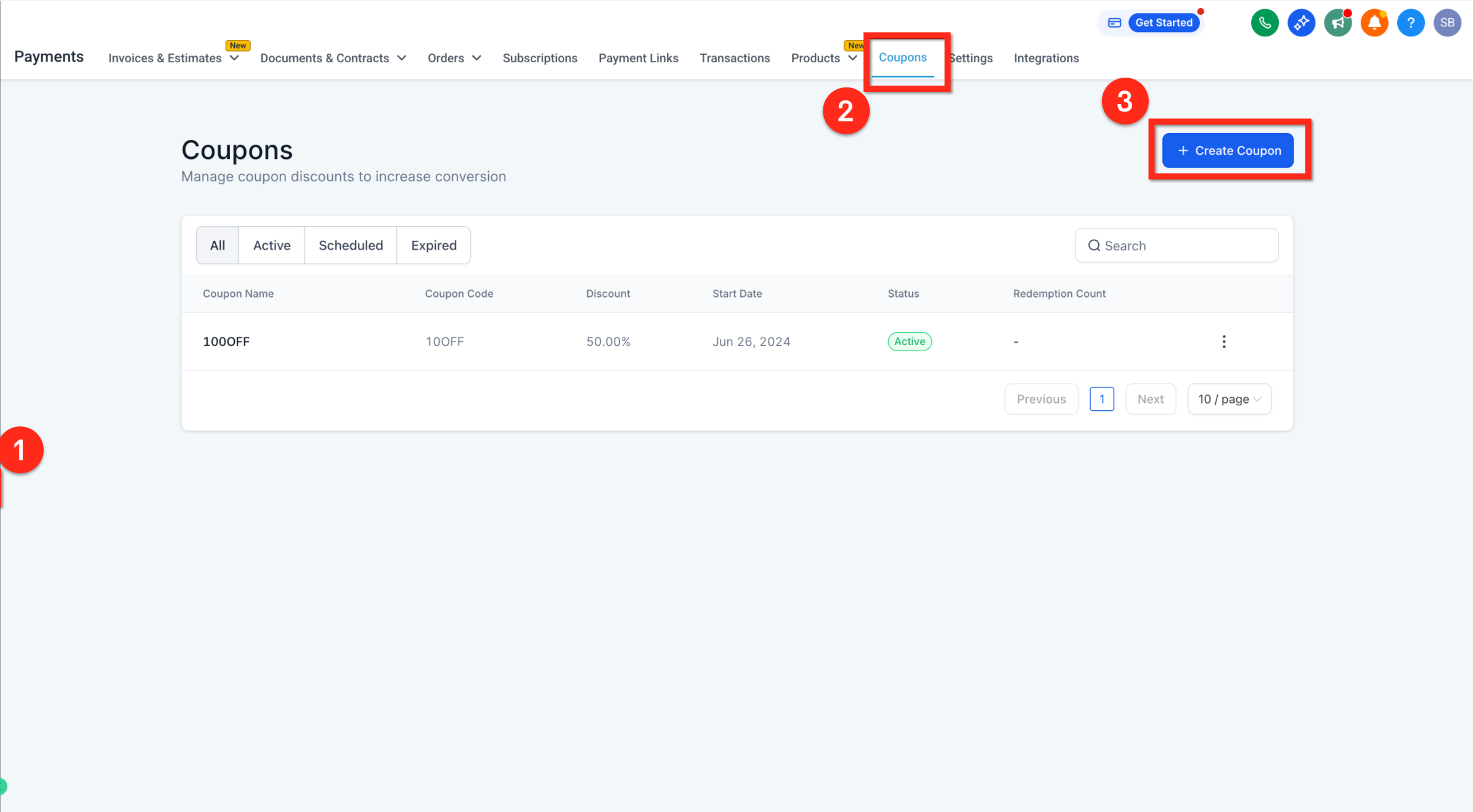 New Coupon form in Payments module