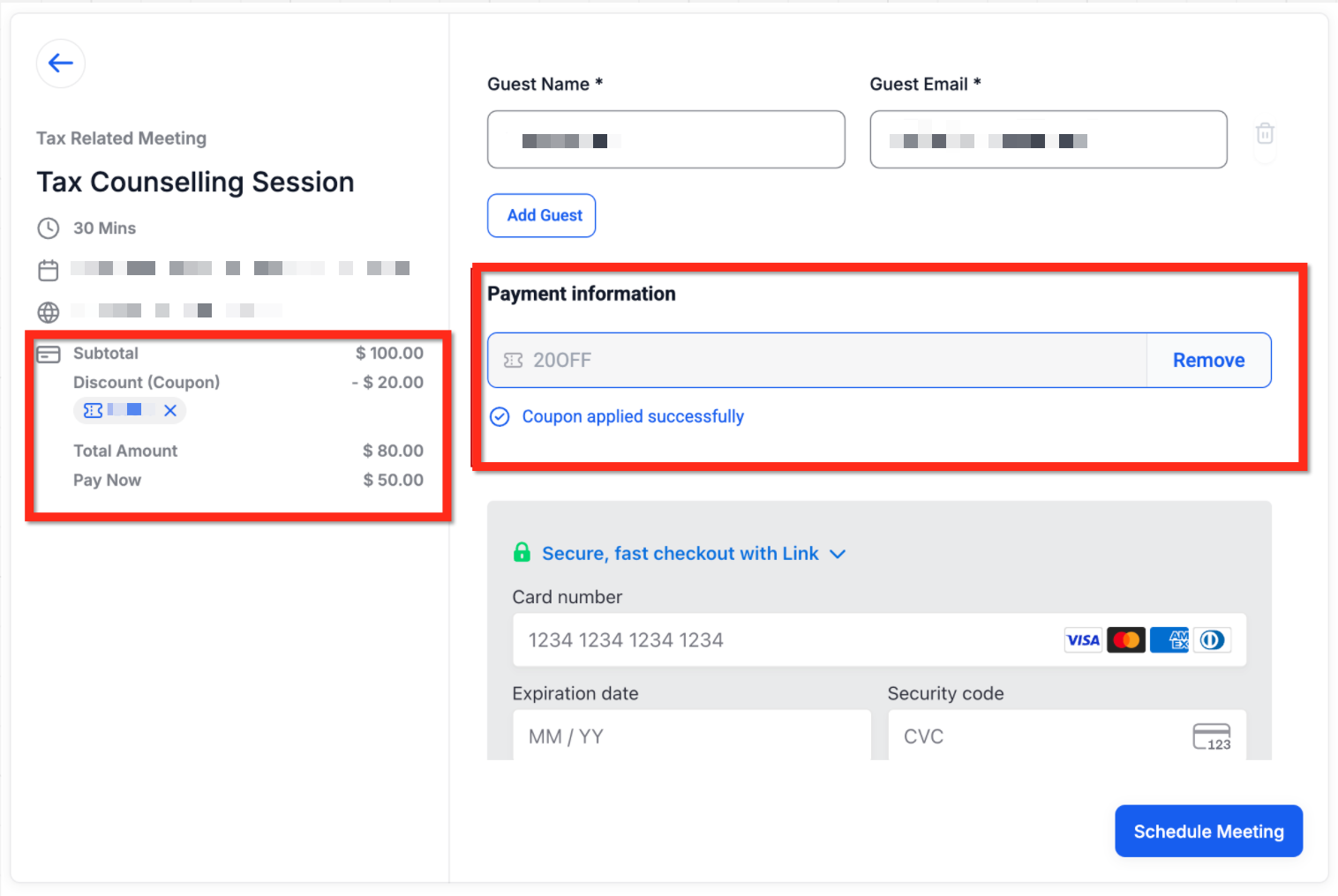 Booking widget showing coupon code field and applied discount