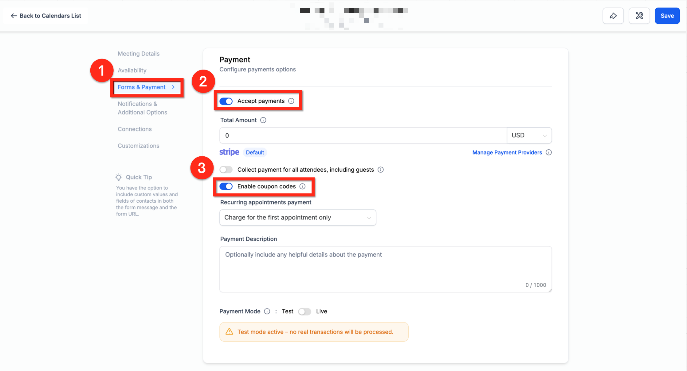 Accept Payments and Enable Coupon Code toggles in Calendar Settings