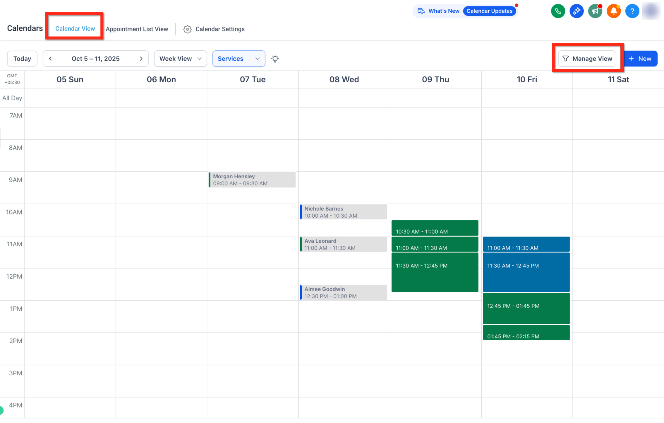 Manage View panel collapsed for more calendar space