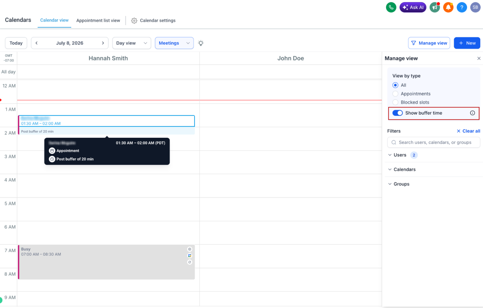 Buffer time shown in Day view