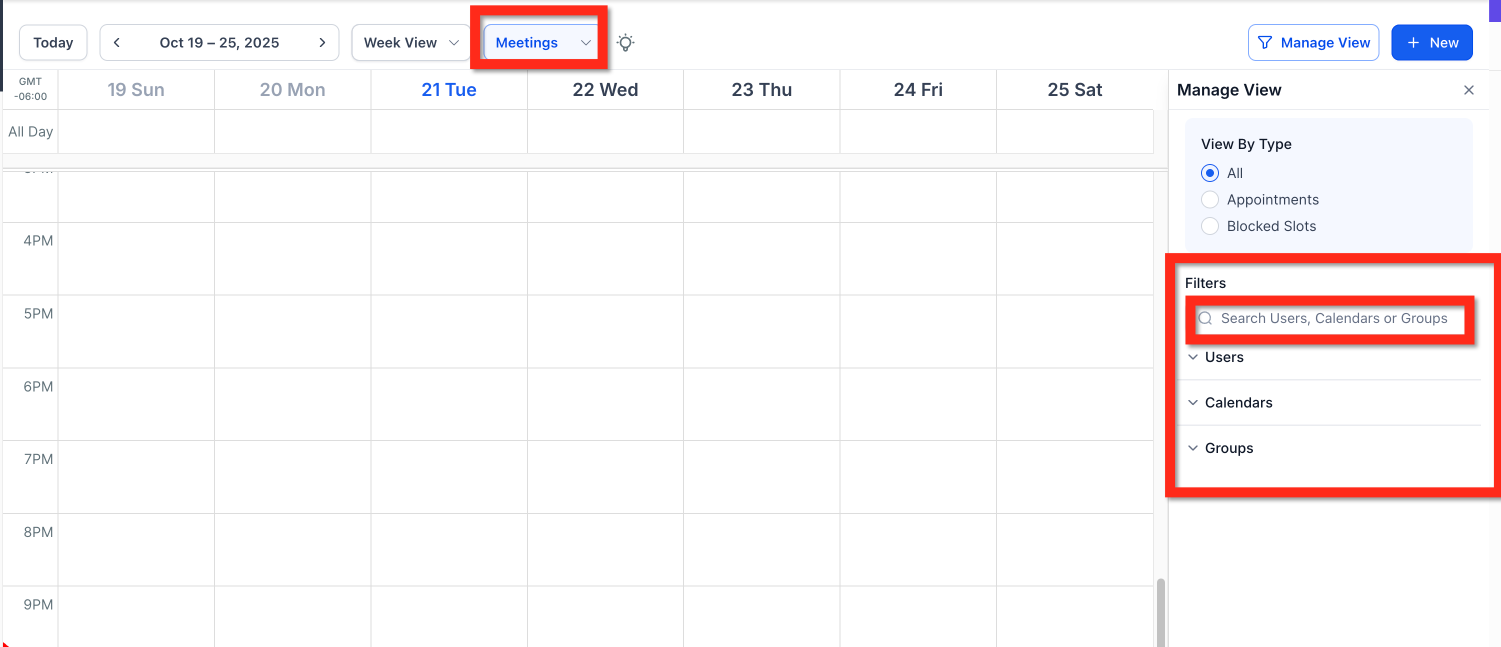 Meetings view filters panel