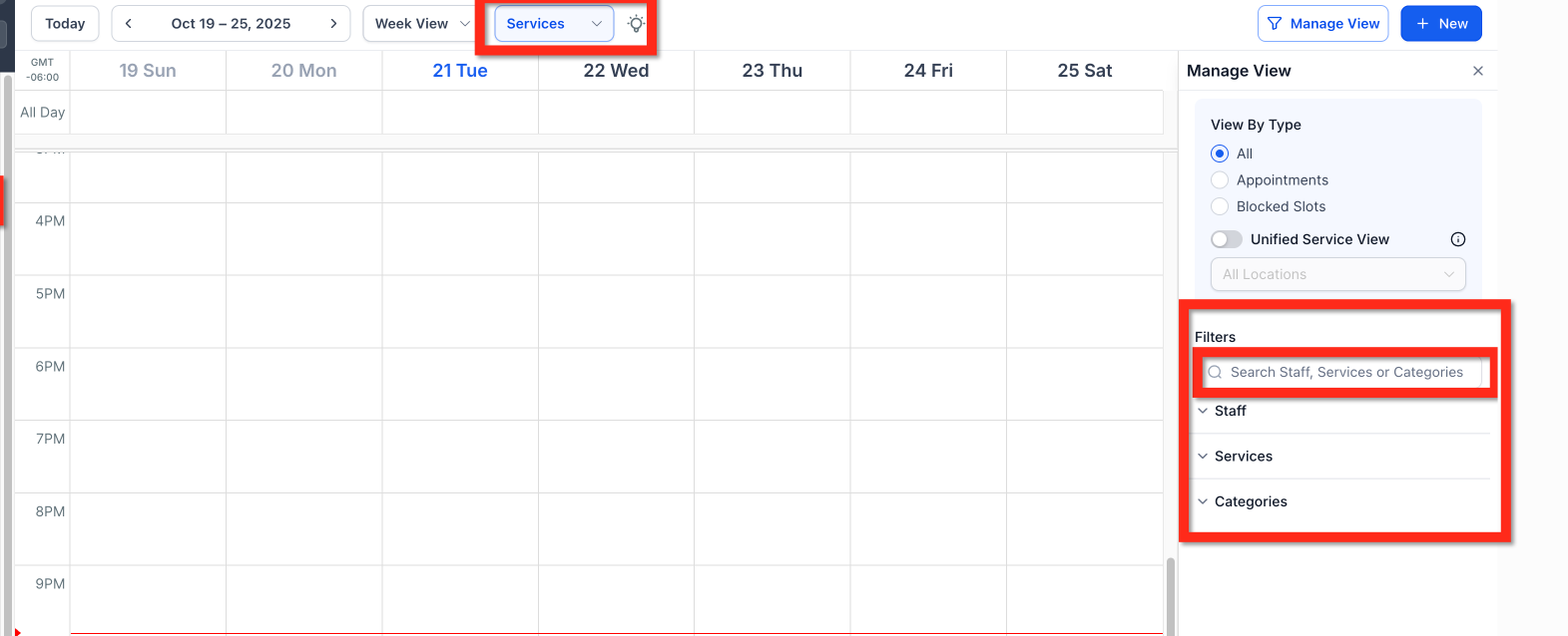 Services view filters panel