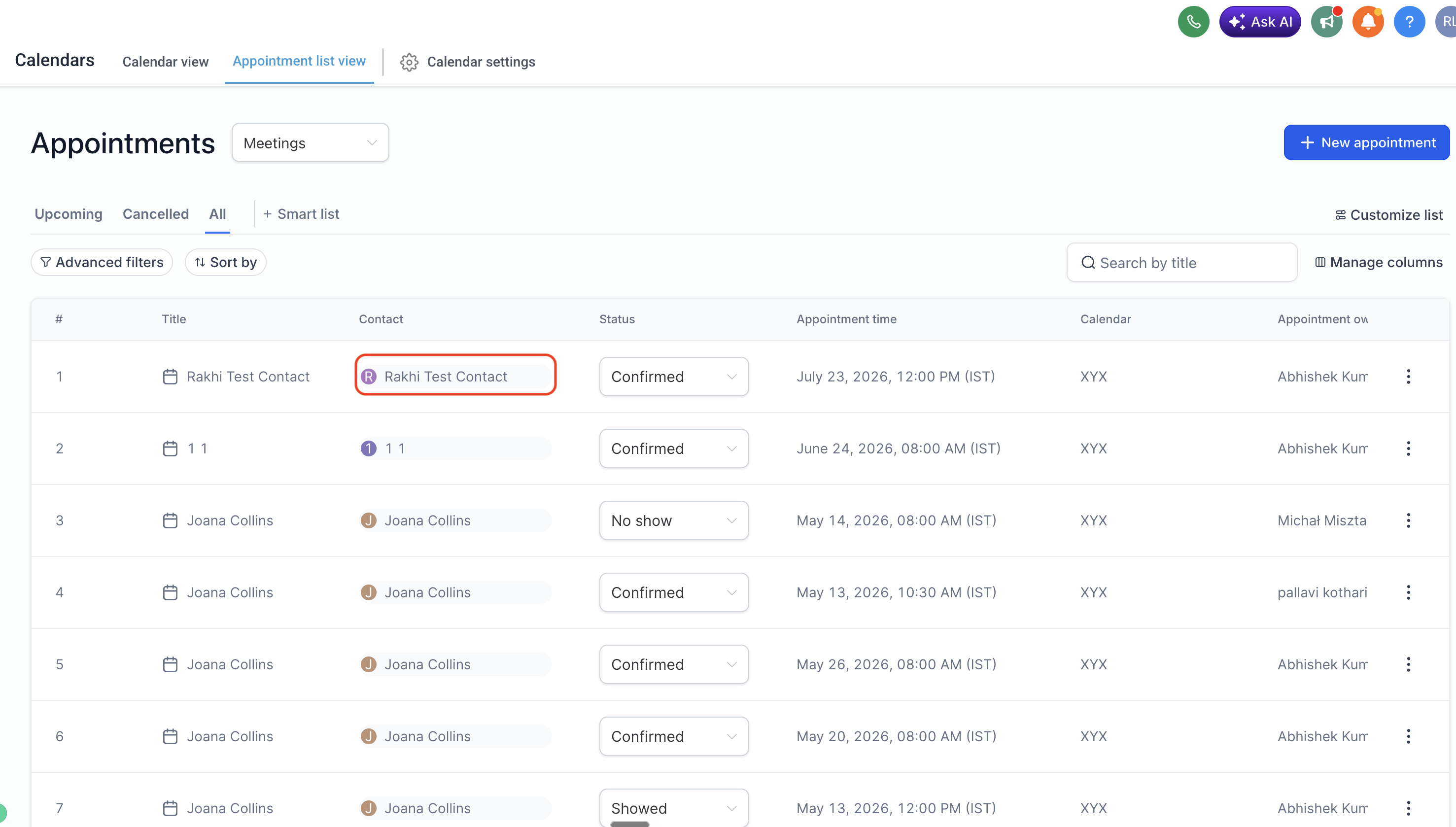 Appointment list view with contact link