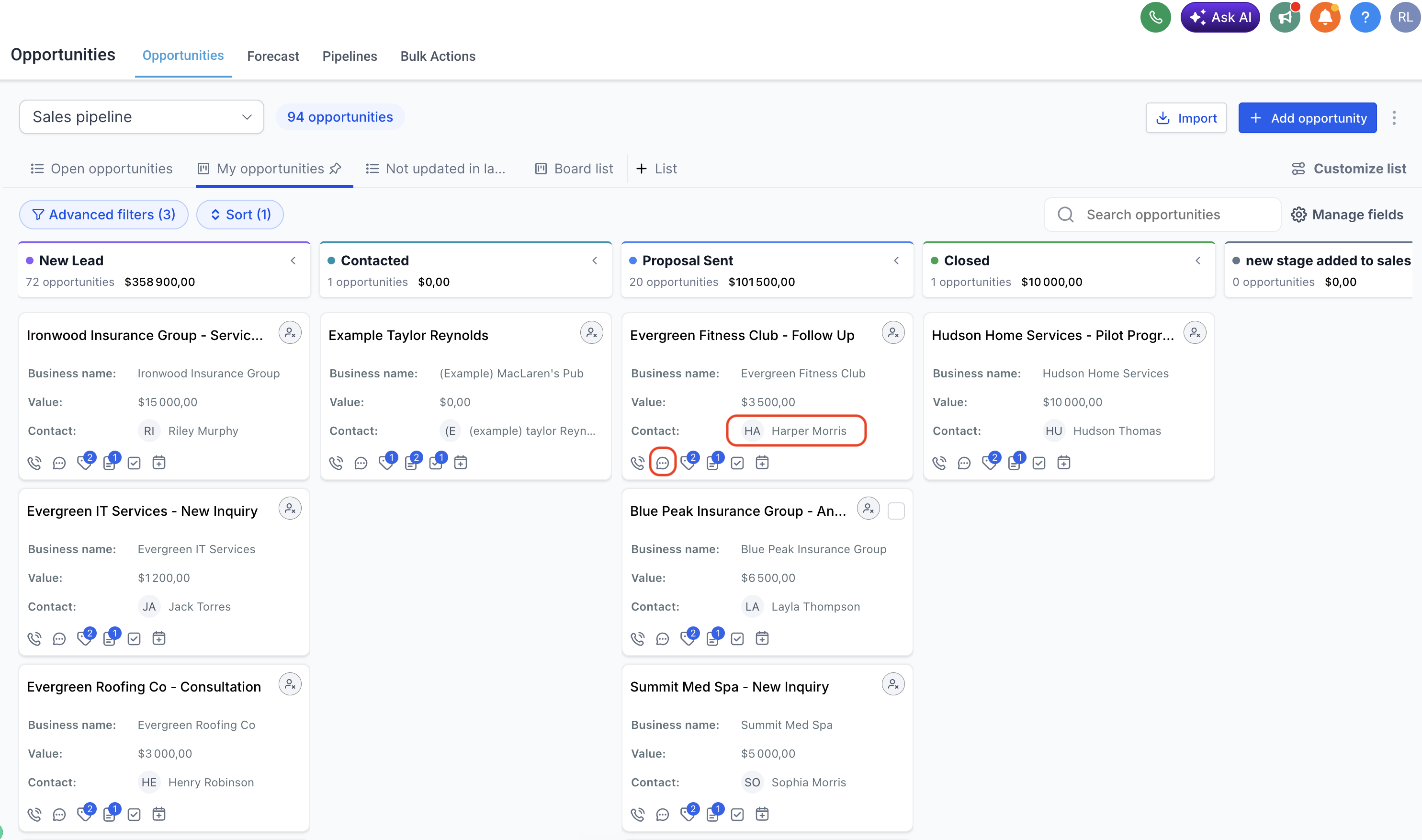 Opportunities view with contact link