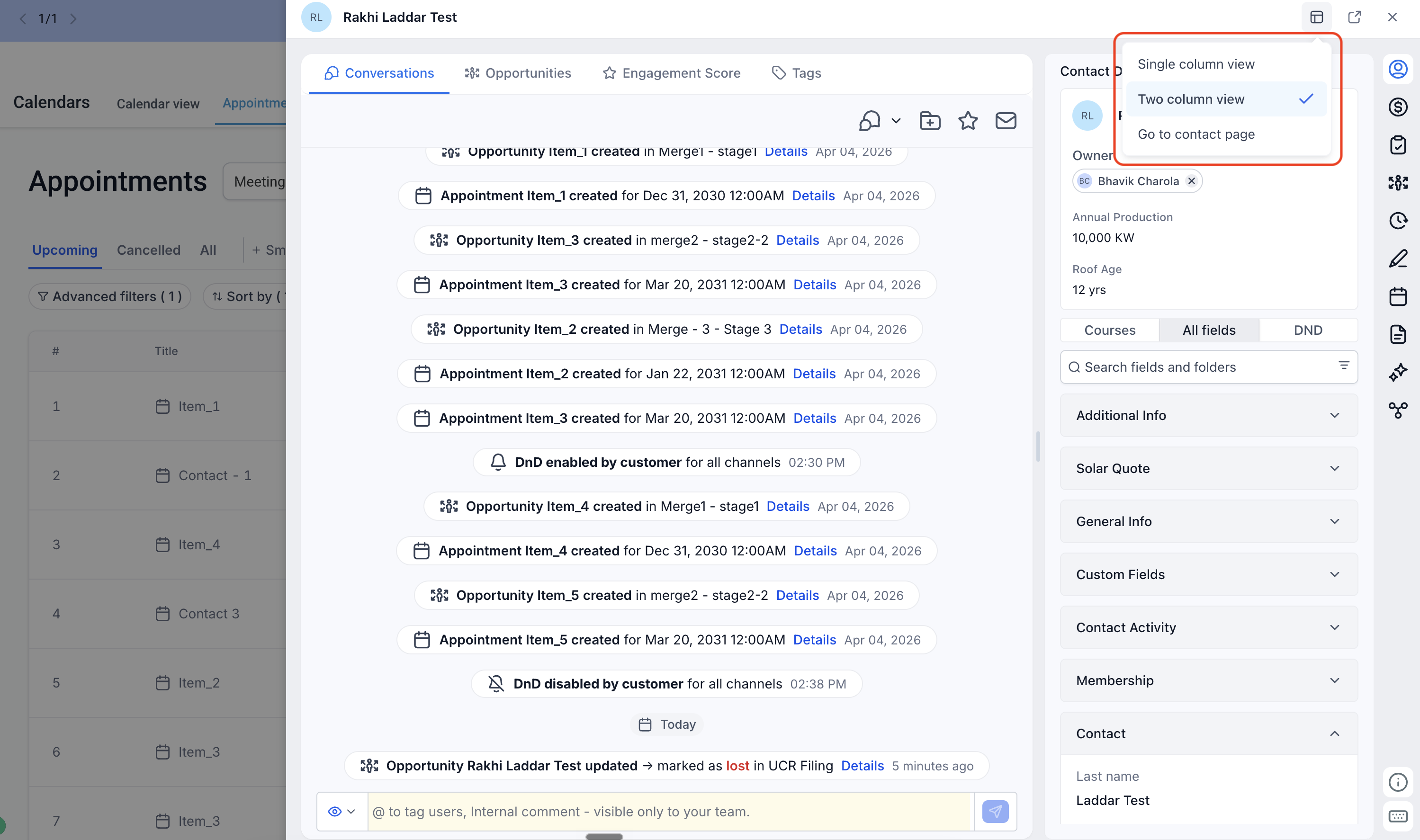Layout controls at the top of the contact overlay