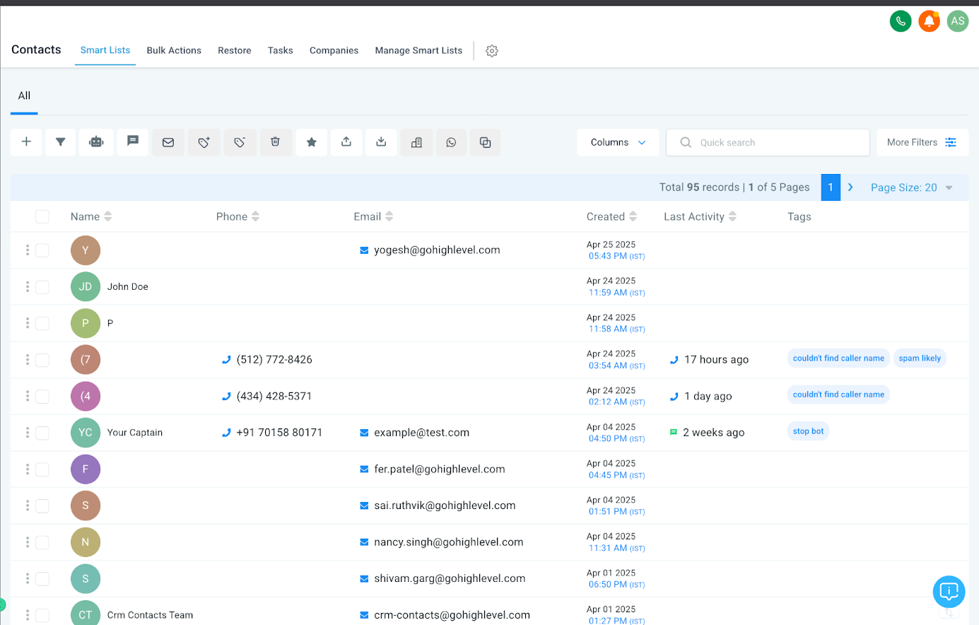 Activity section in Captivation Hub contact detail view