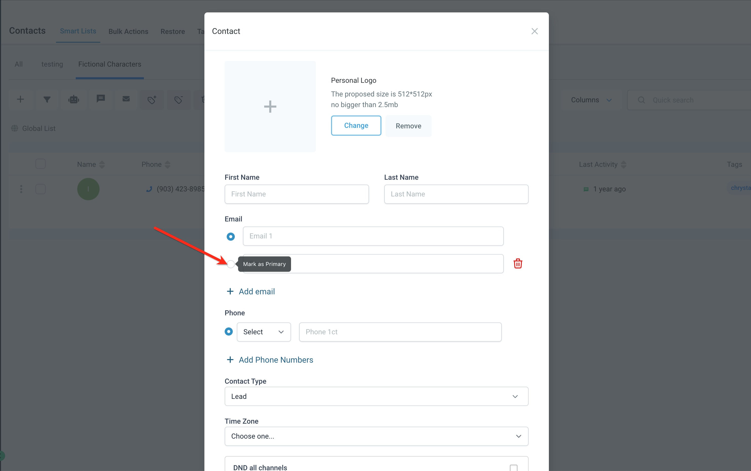Multiple email addresses with the primary email star icon in Captivation Hub