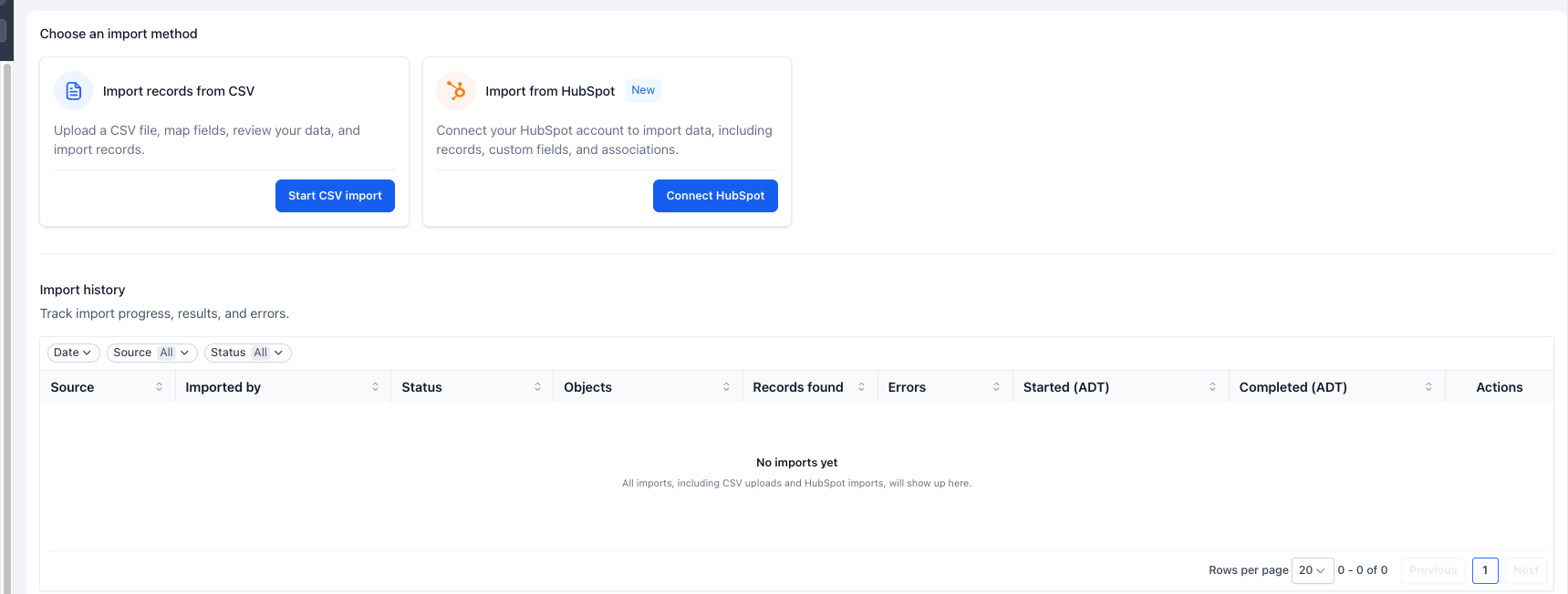 Starting a CSV import in Captivation Hub Contacts