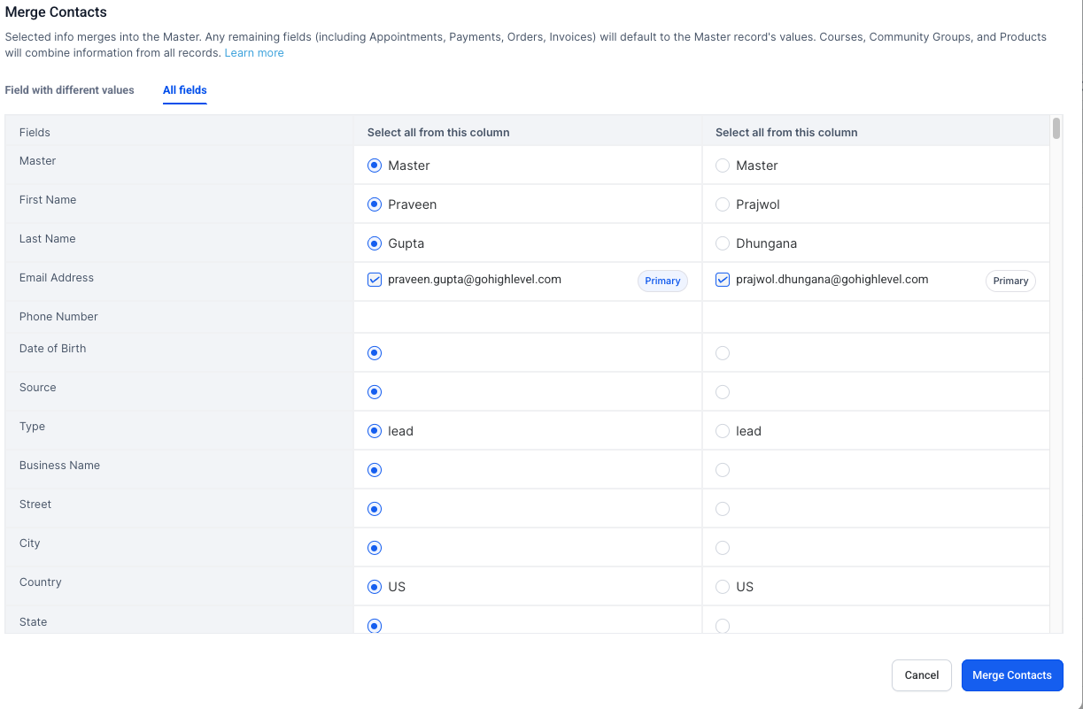 Merge Contacts screen showing email address options in Captivation Hub