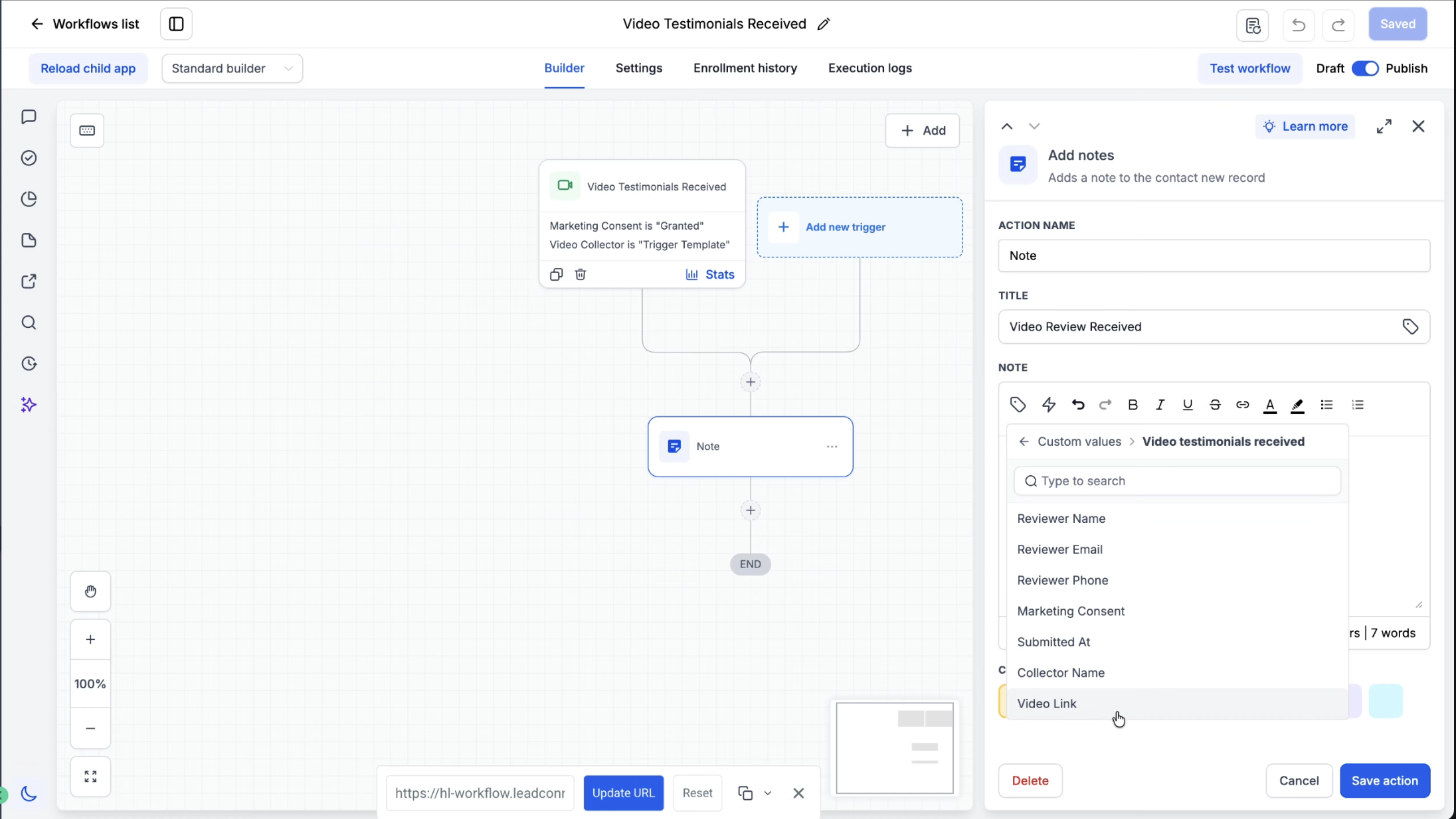 Video testimonial custom values used in a Captivation Hub workflow notification