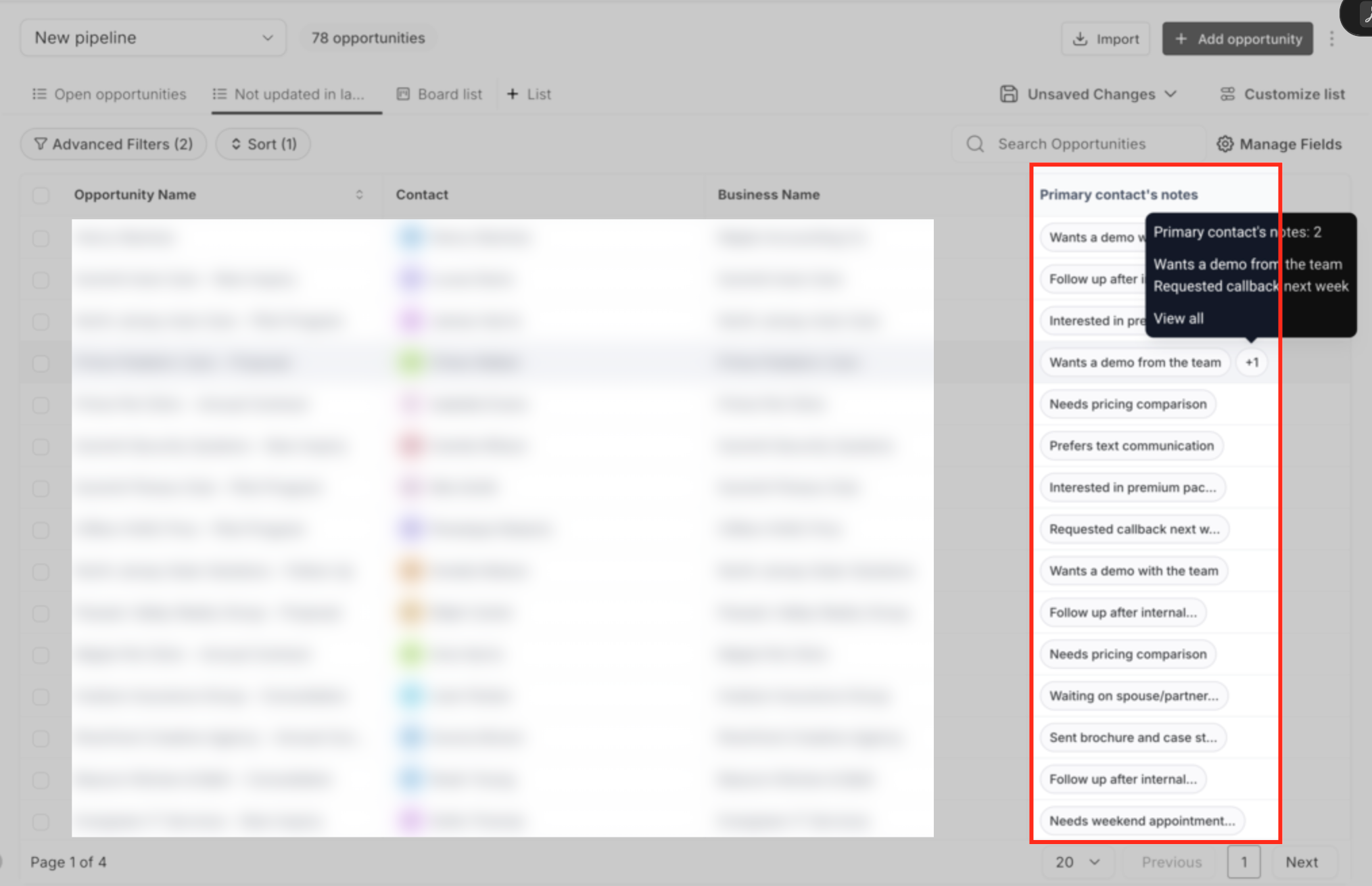 Primary Contact Notes column in Captivation Hub Opportunities List View