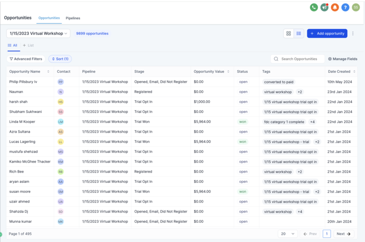 Opportunities displayed in table format in Captivation Hub List View