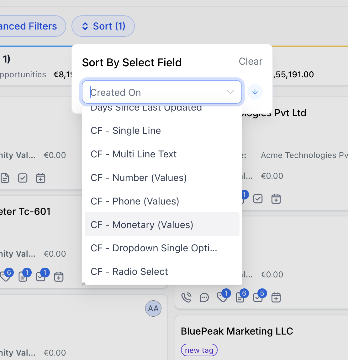 Sort options in Captivation Hub Opportunities List View
