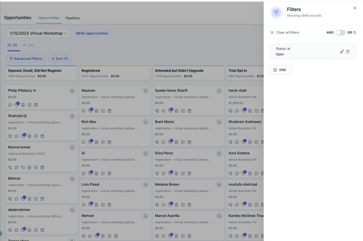 Advanced filters and search in Captivation Hub Opportunities List View