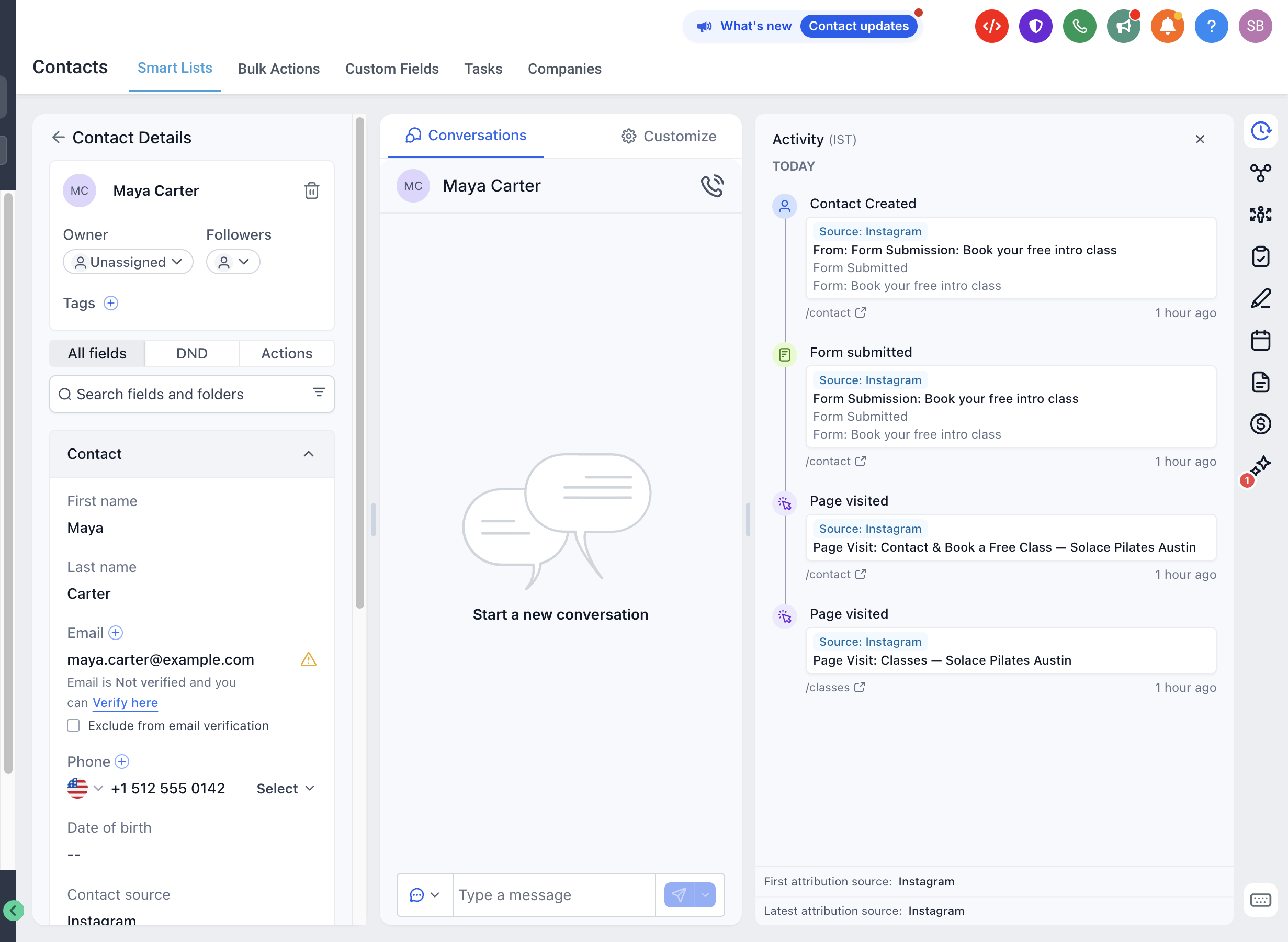 Contact activity showing page visits and form submission