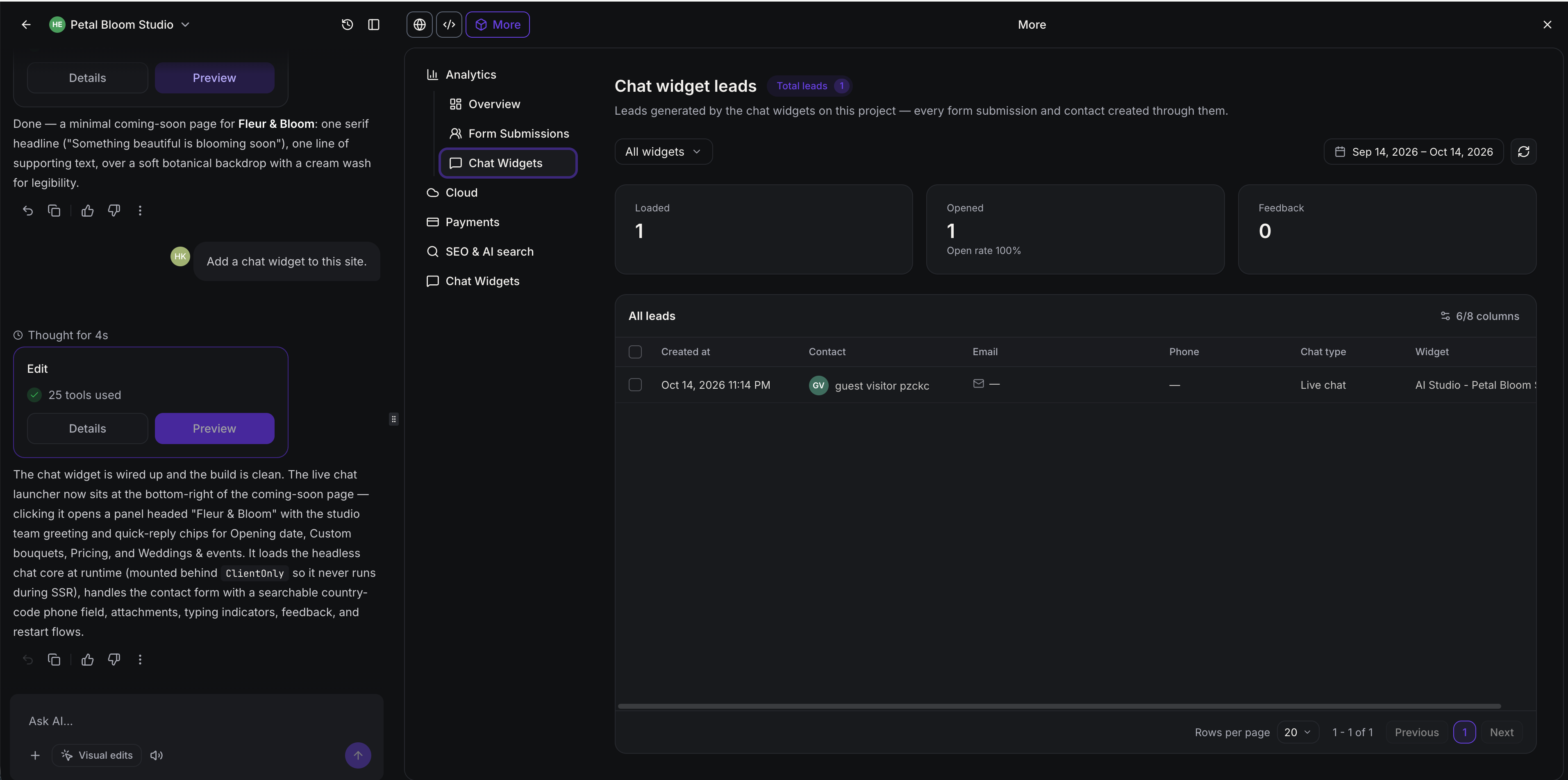 Chat widget analytics dashboard showing loads, opens, and leads