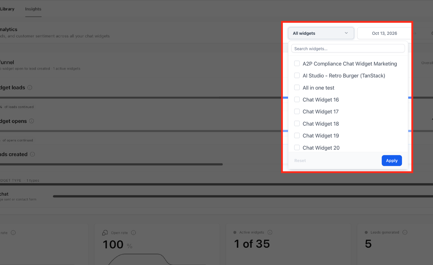 Widget filter dropdown in Chat Widget Insights