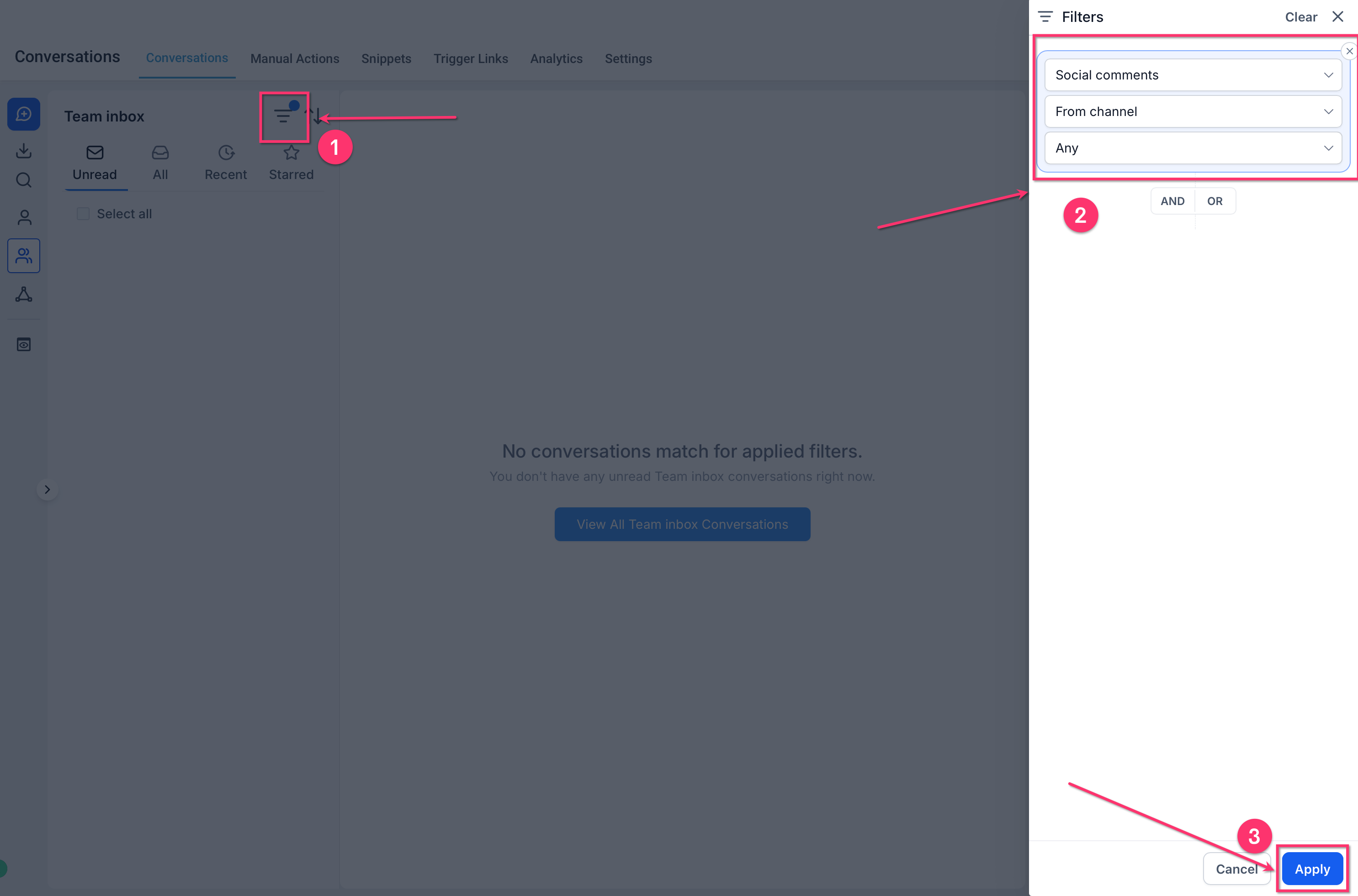 Social comments appearing in the Conversations Team Inbox