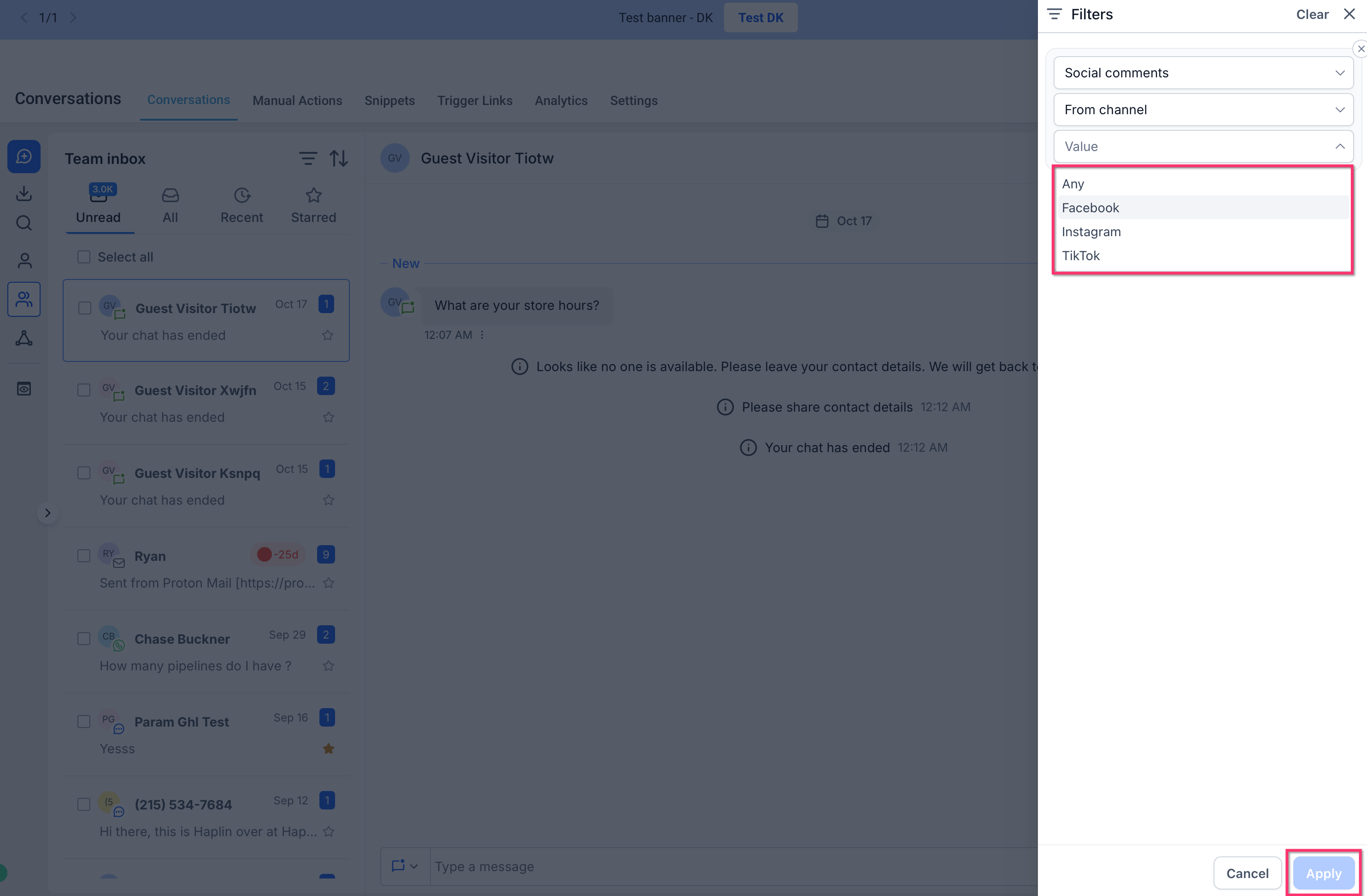 Social Comments filter in the Conversations inbox