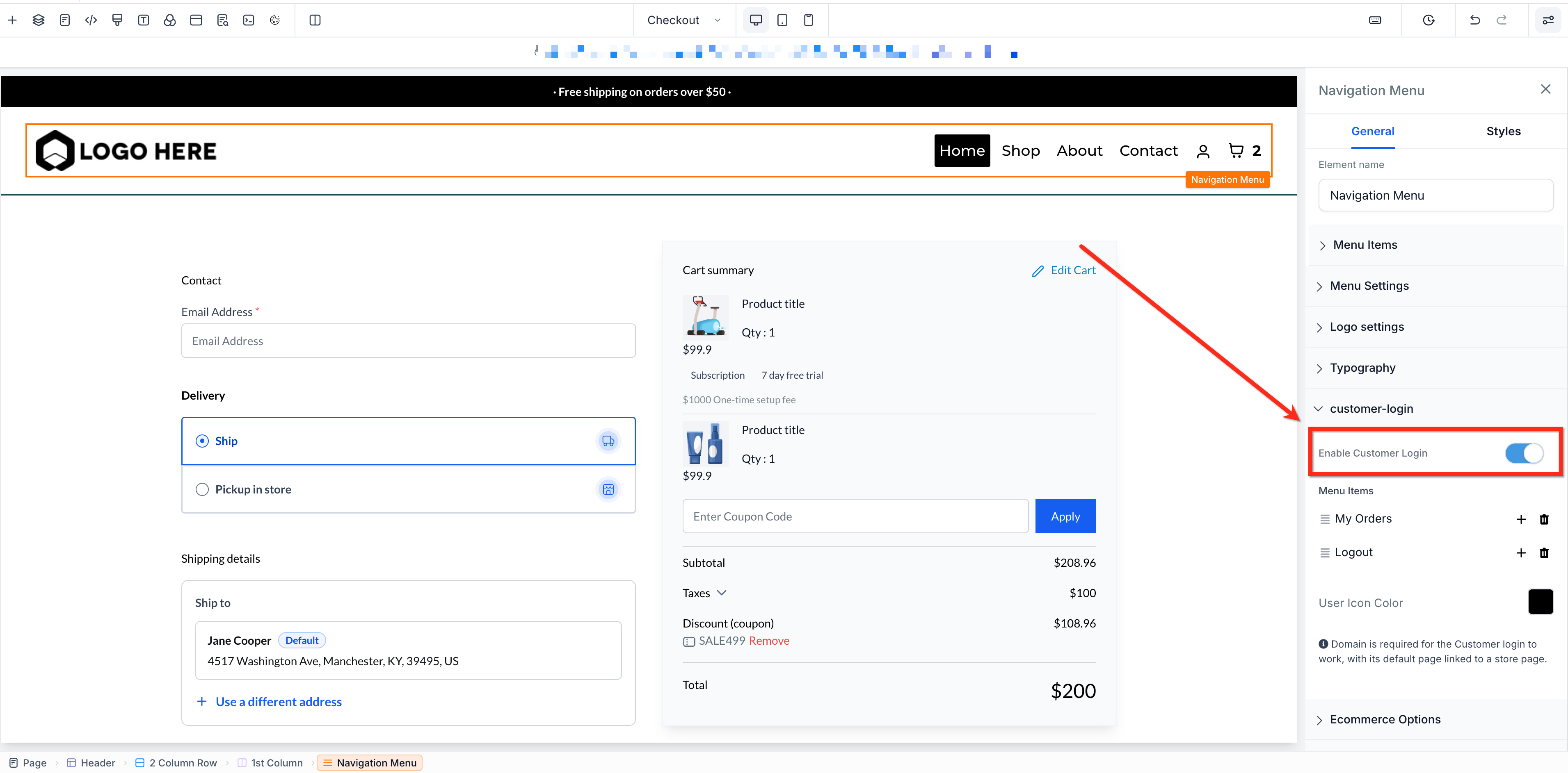 Enabling customer login to preview saved address checkout