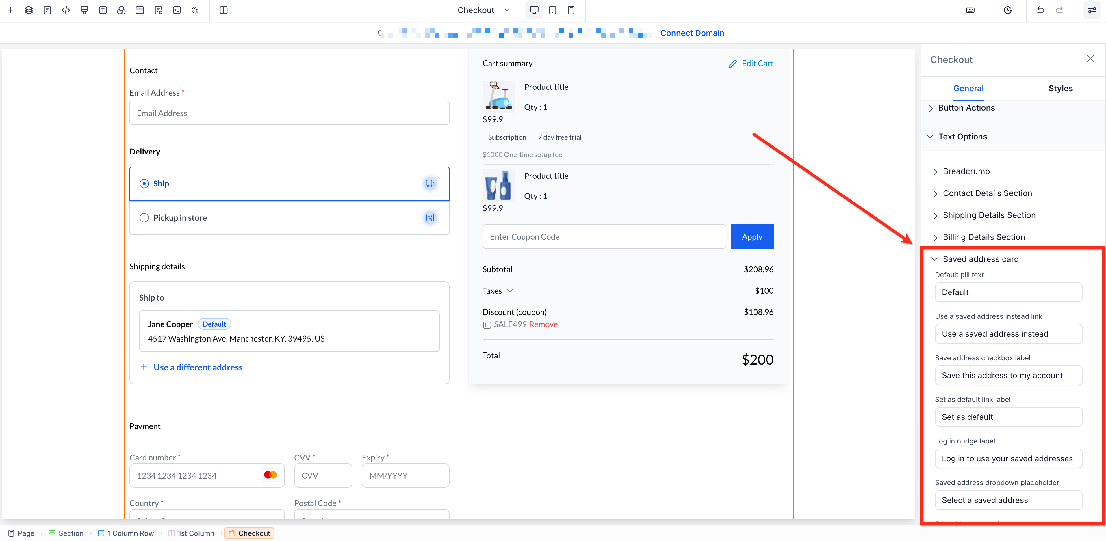 Customizing saved address card text in the Store Builder