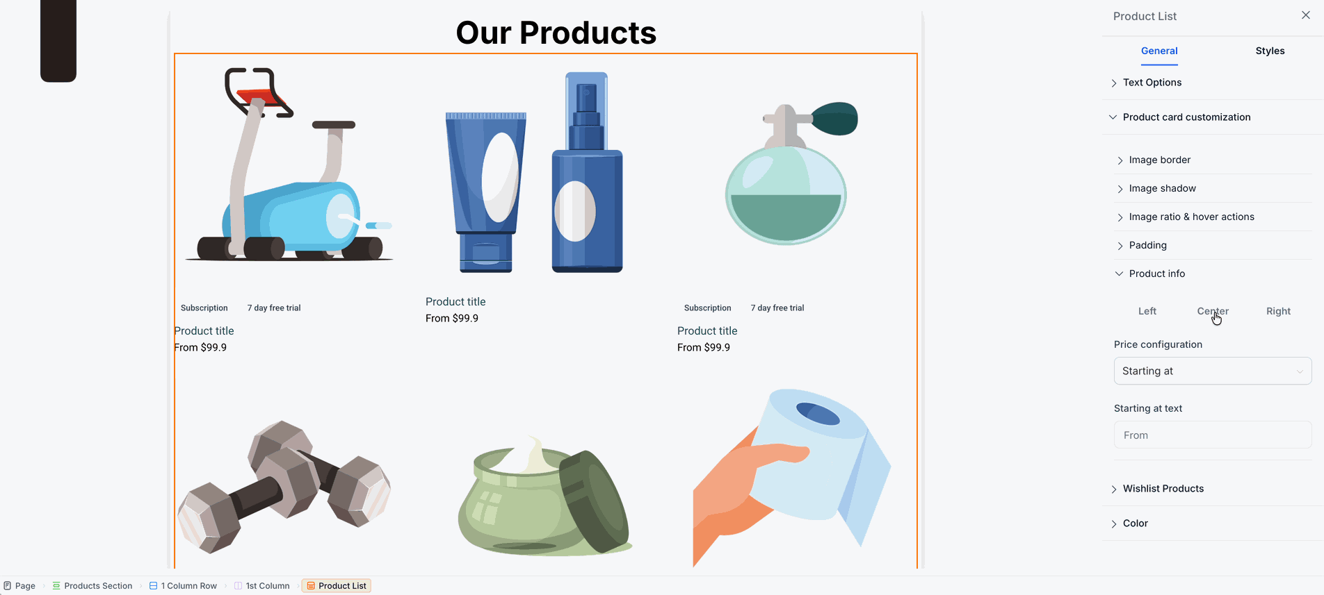 Product info and price alignment settings