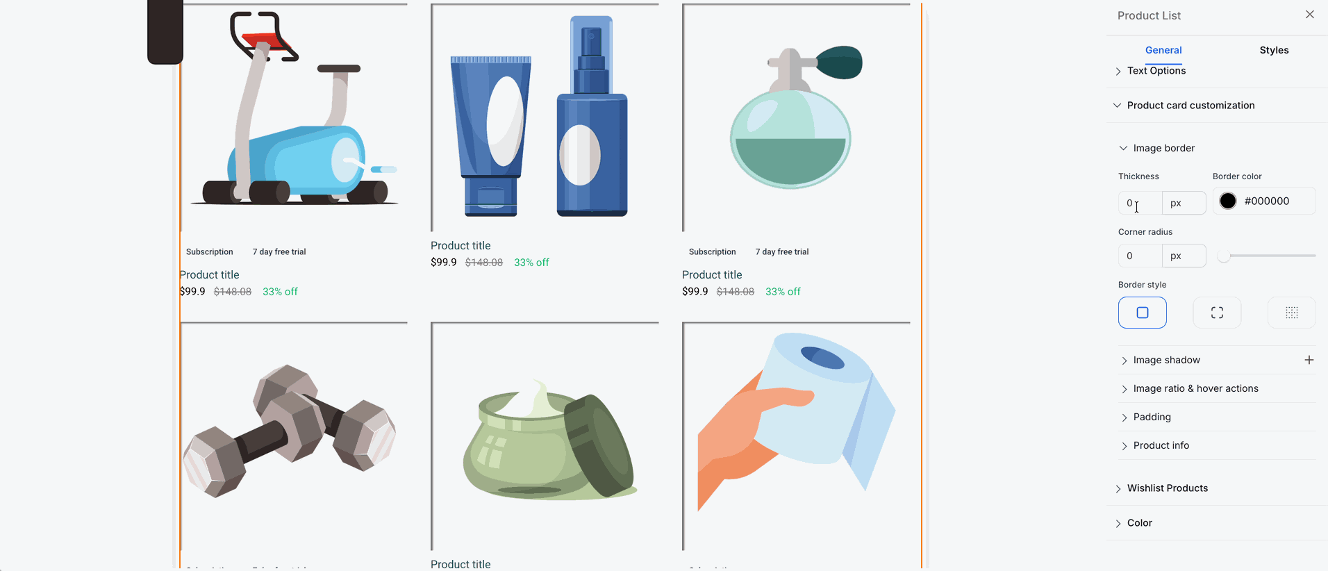 Border customization options for product cards