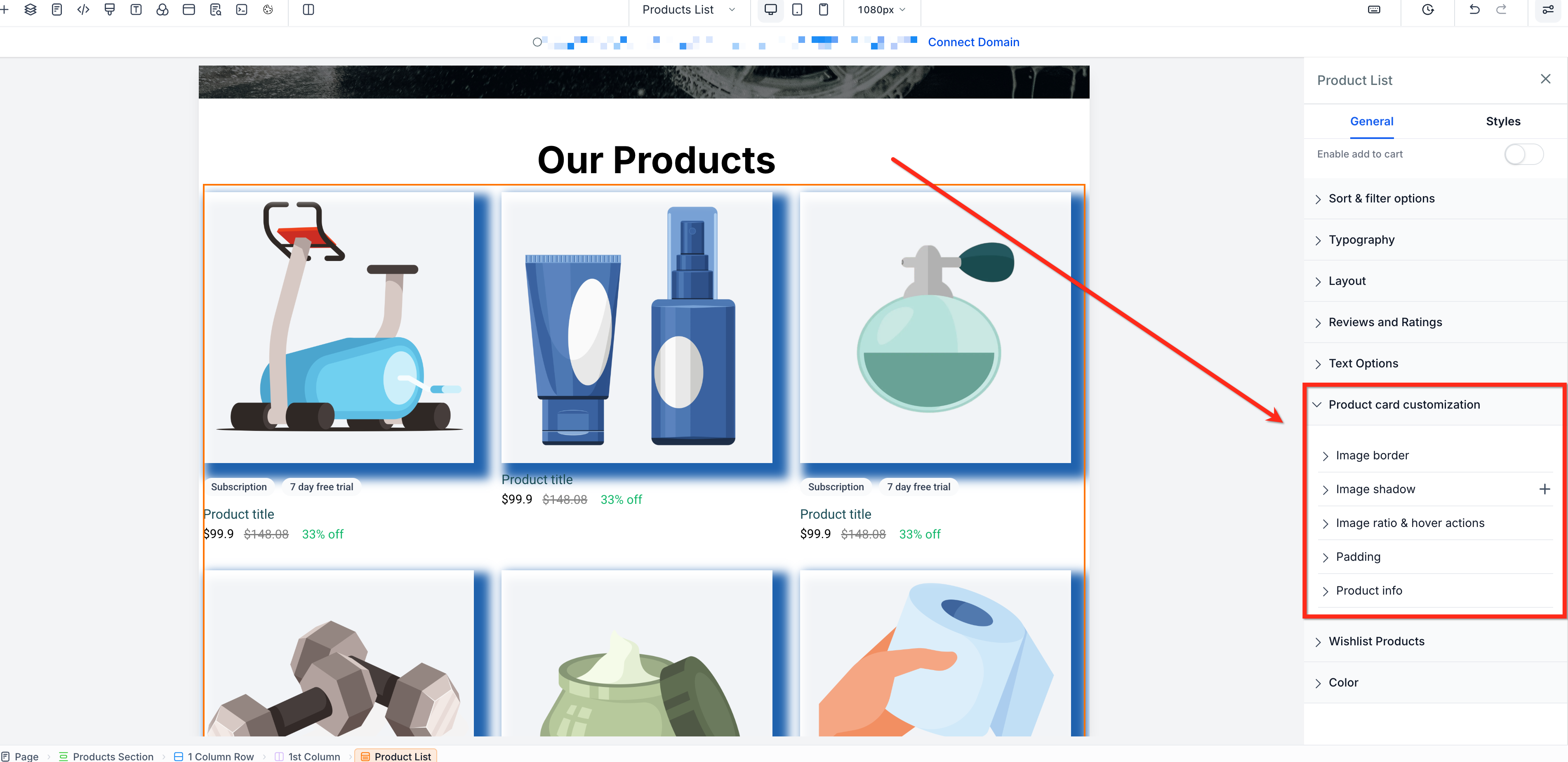Product card customization settings in Store Builder