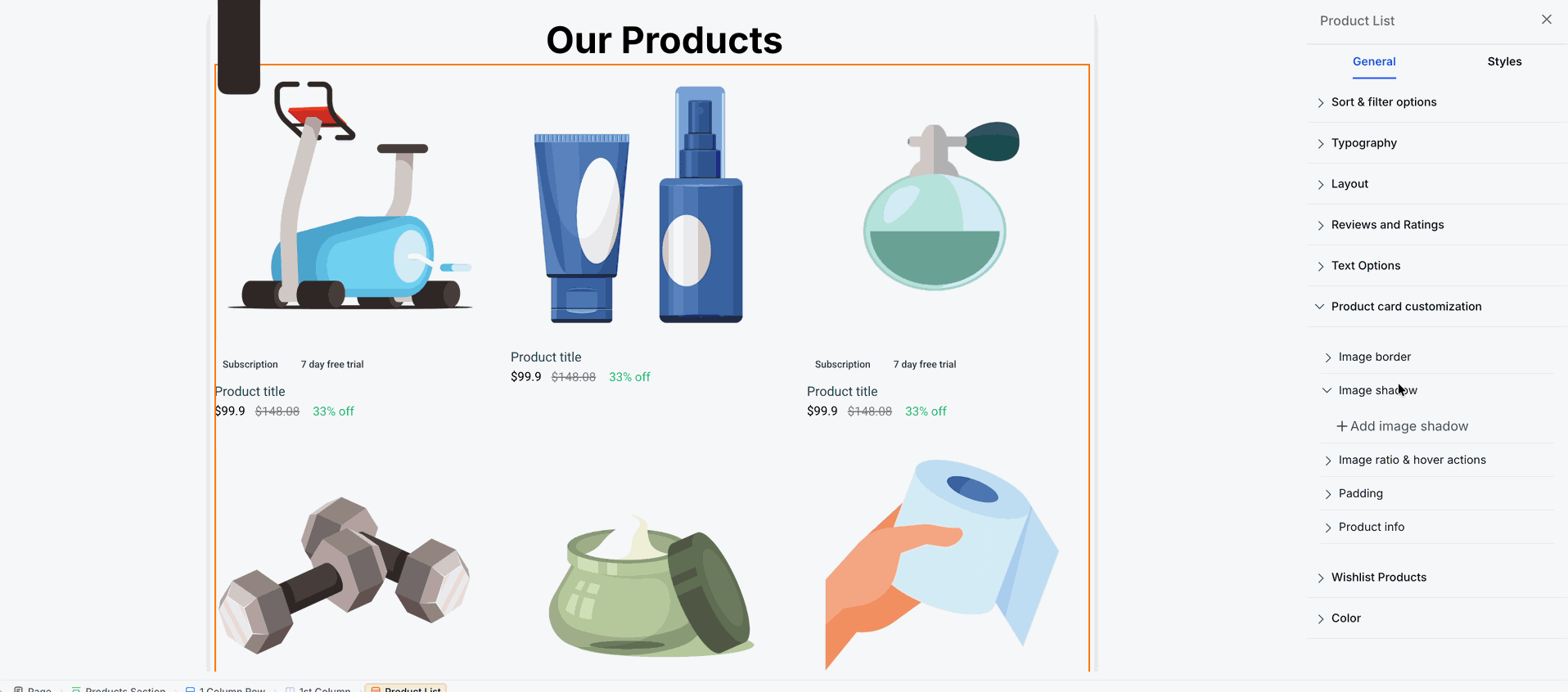 Shadow customization options for product cards