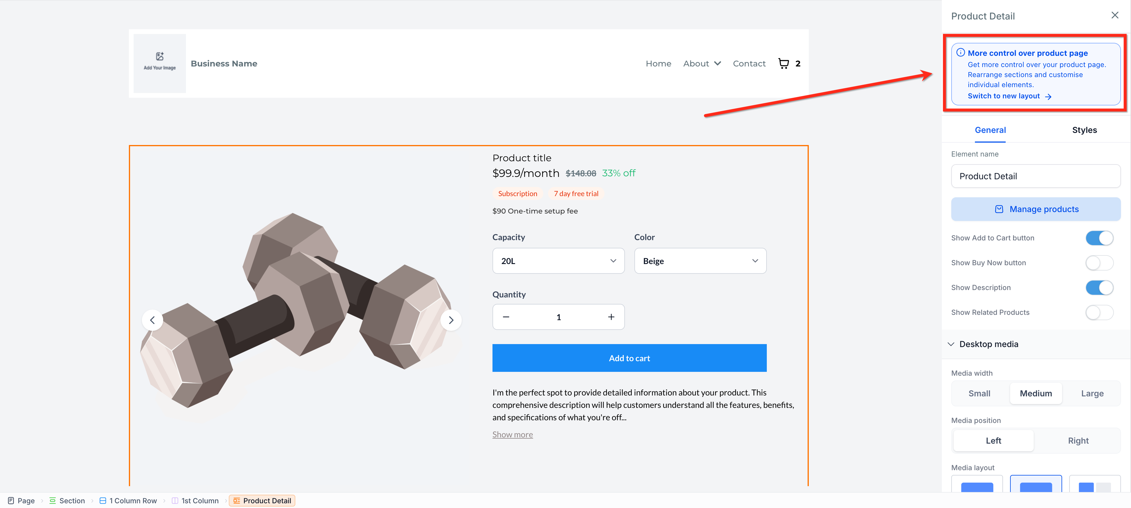 Switch to new layout button in the product detail settings panel