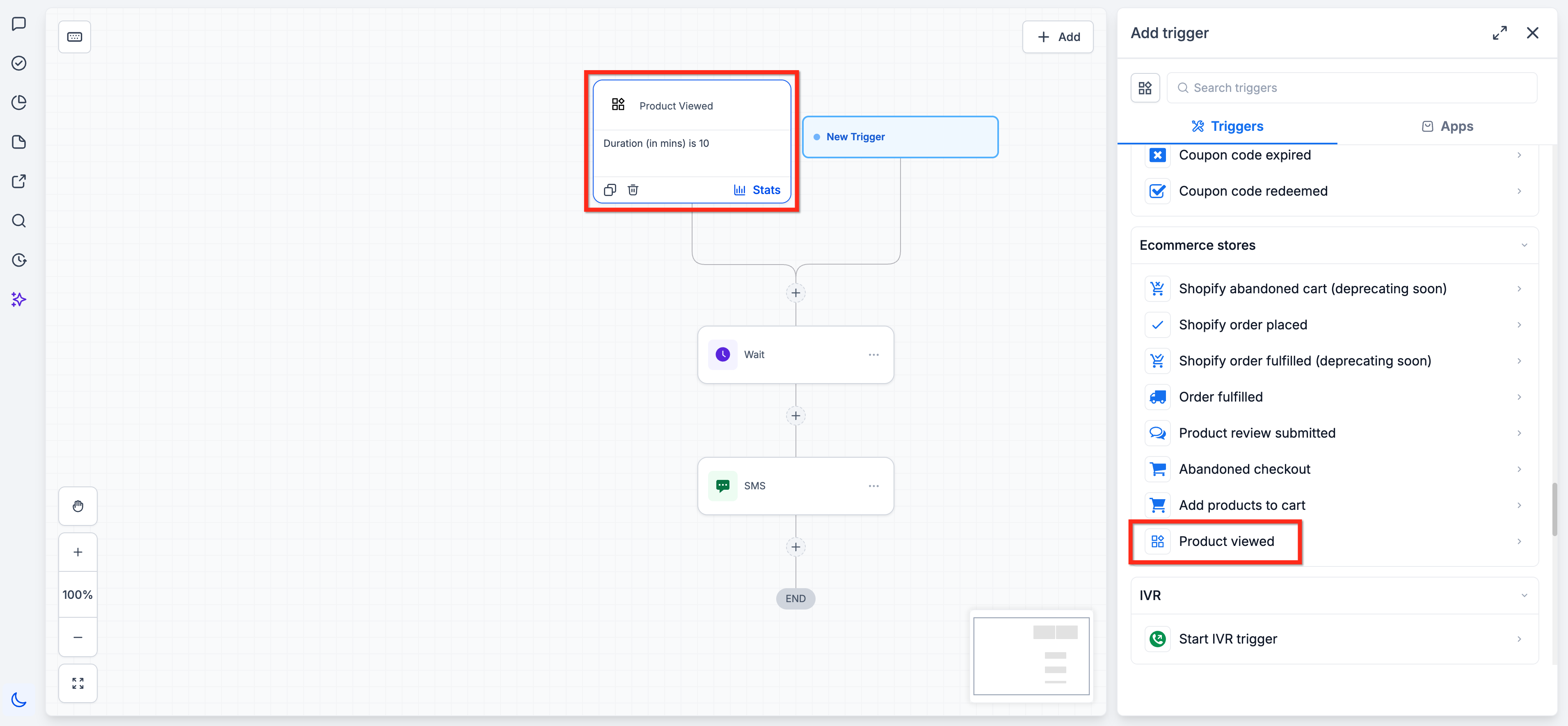 Product Viewed workflow trigger settings