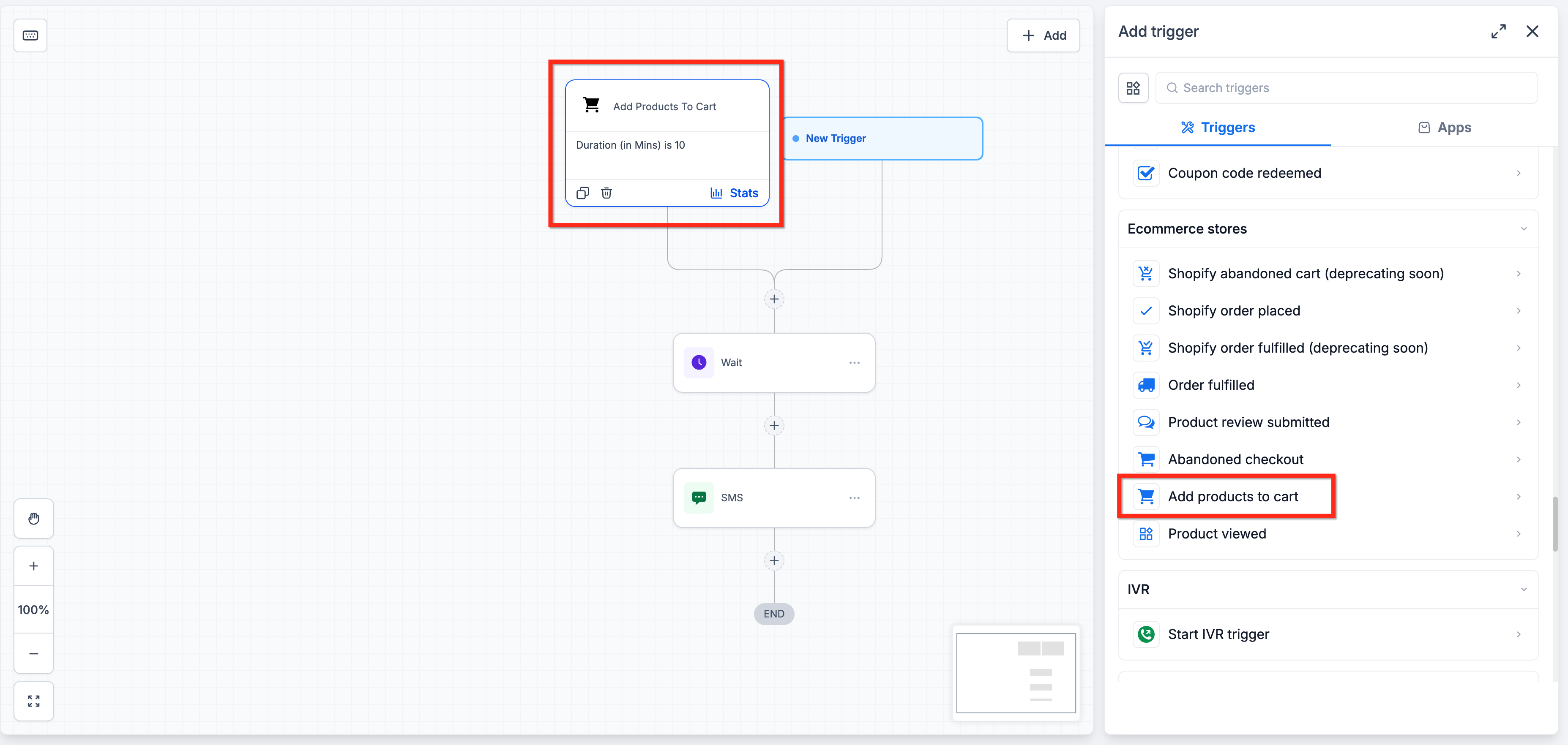 Add Product to Cart workflow trigger settings