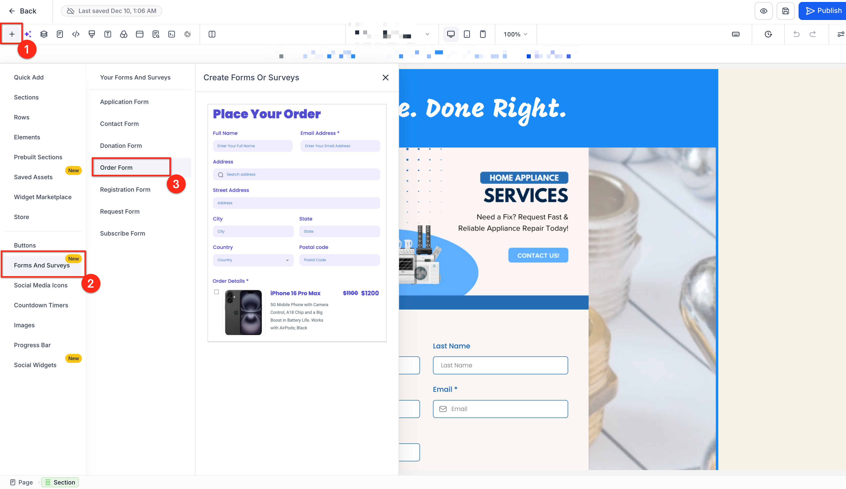 Adding the Order Form element to the page