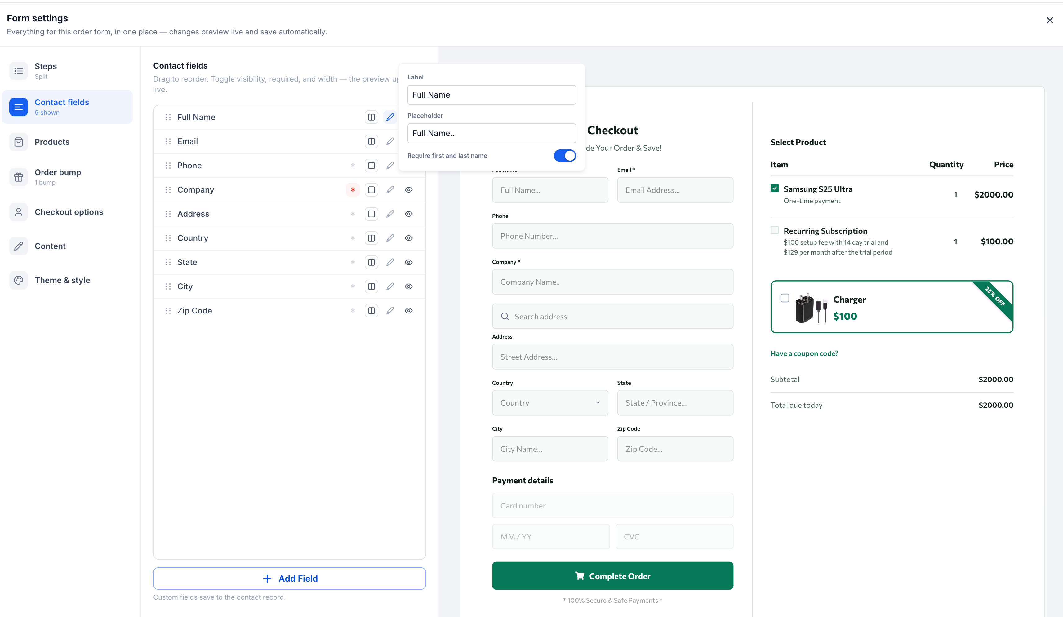 Configuring contact fields in the Order Form
