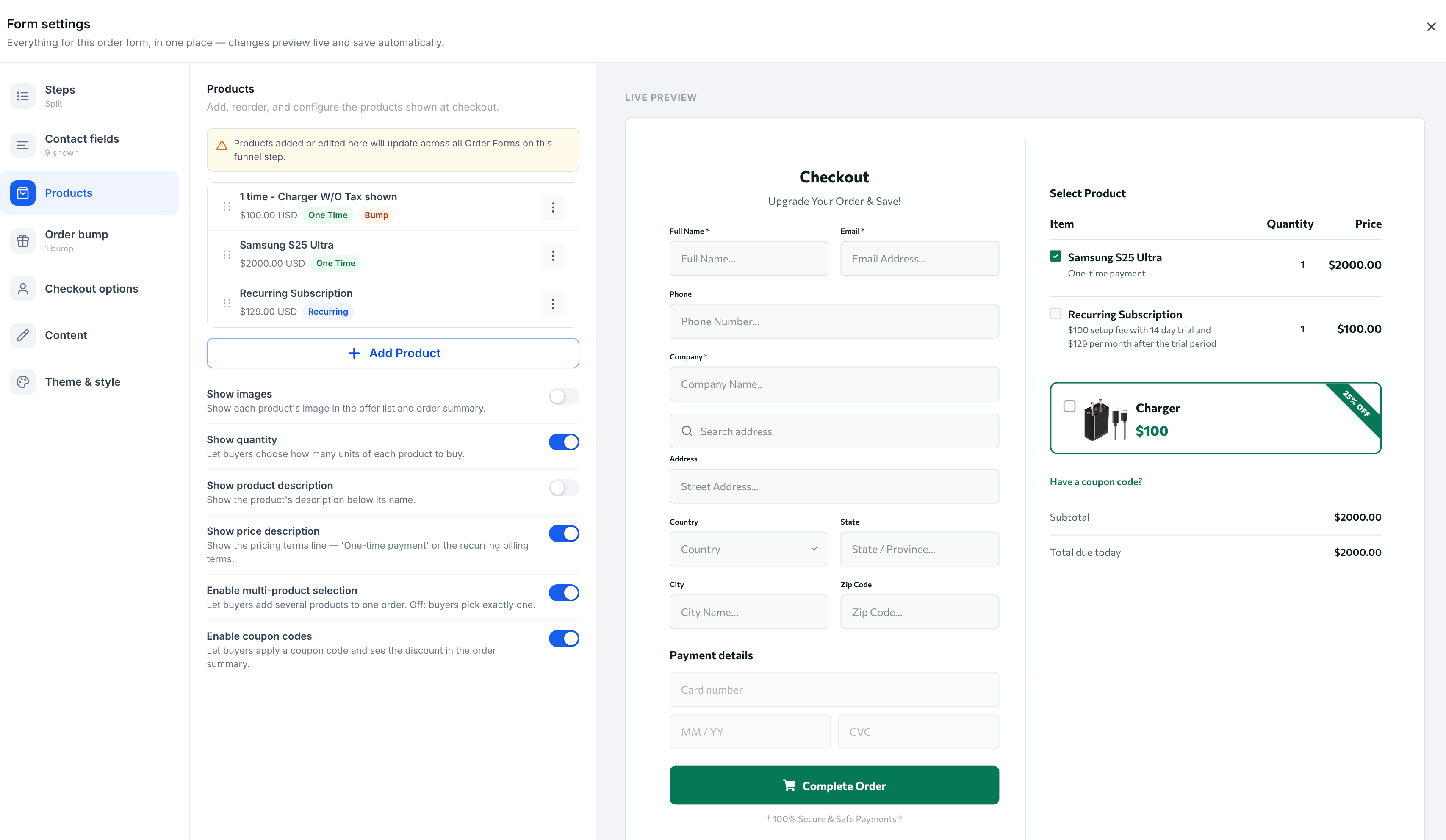 Configuring products in the Order Form