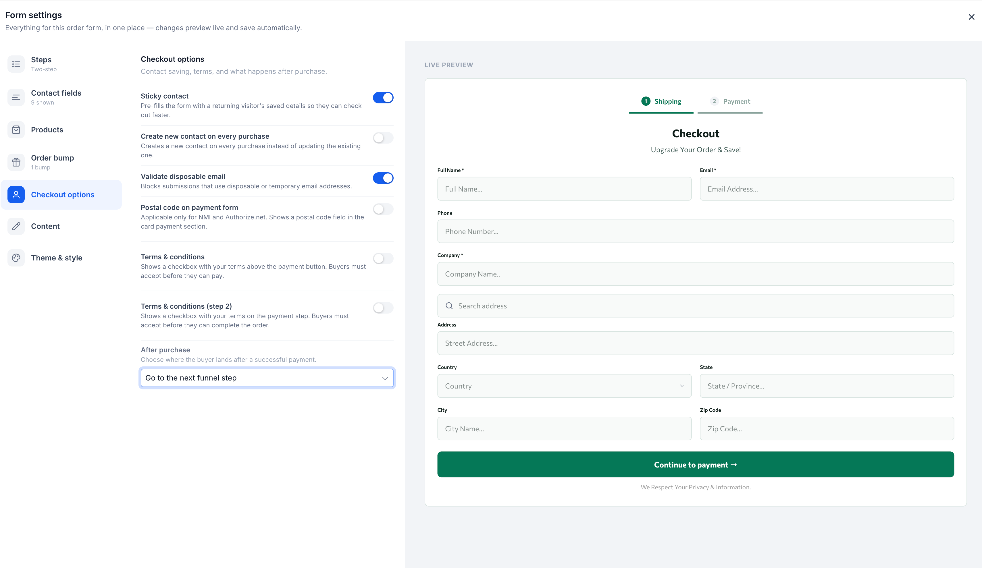 Checkout options configuration