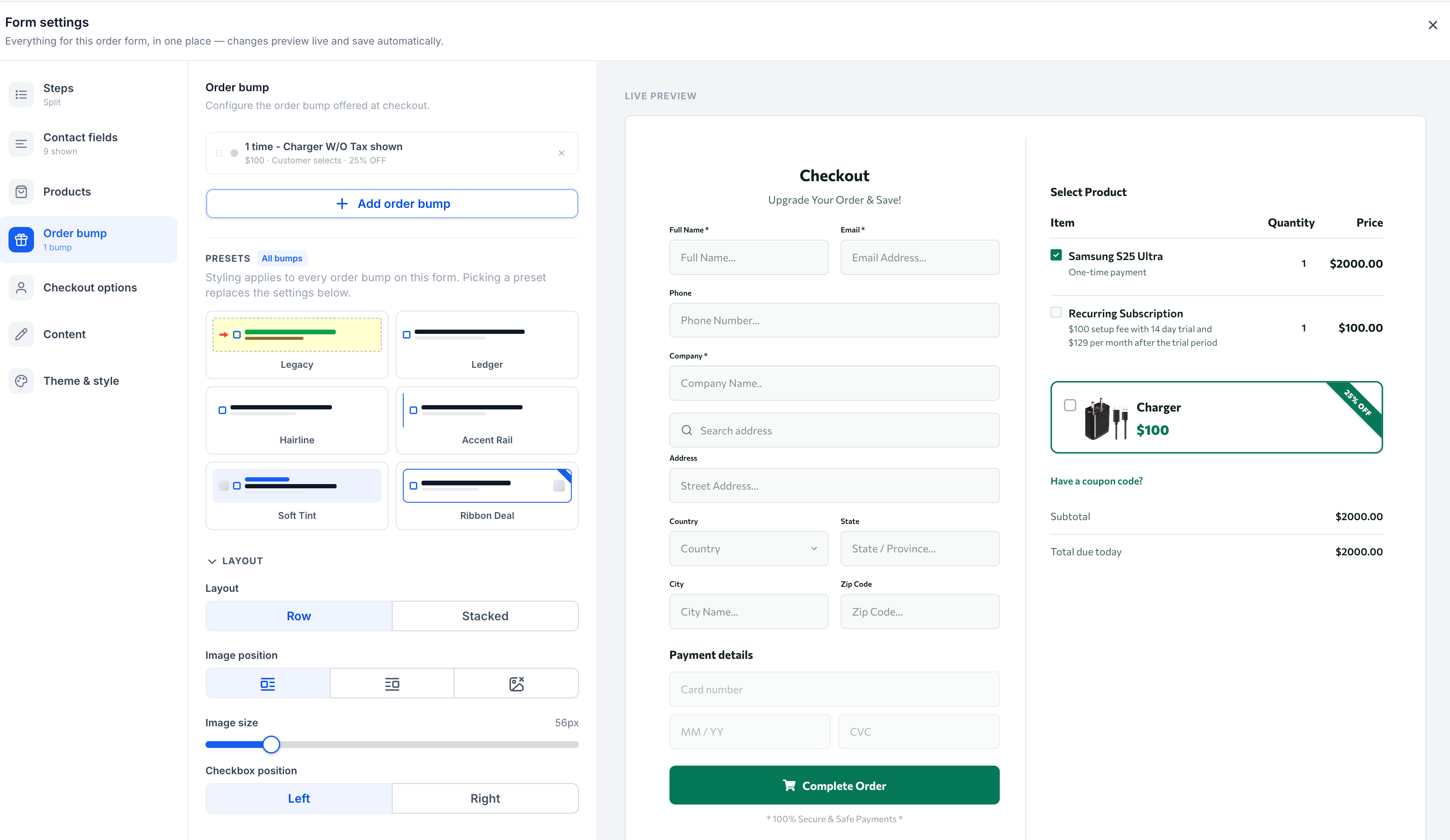 Configuring order bump settings