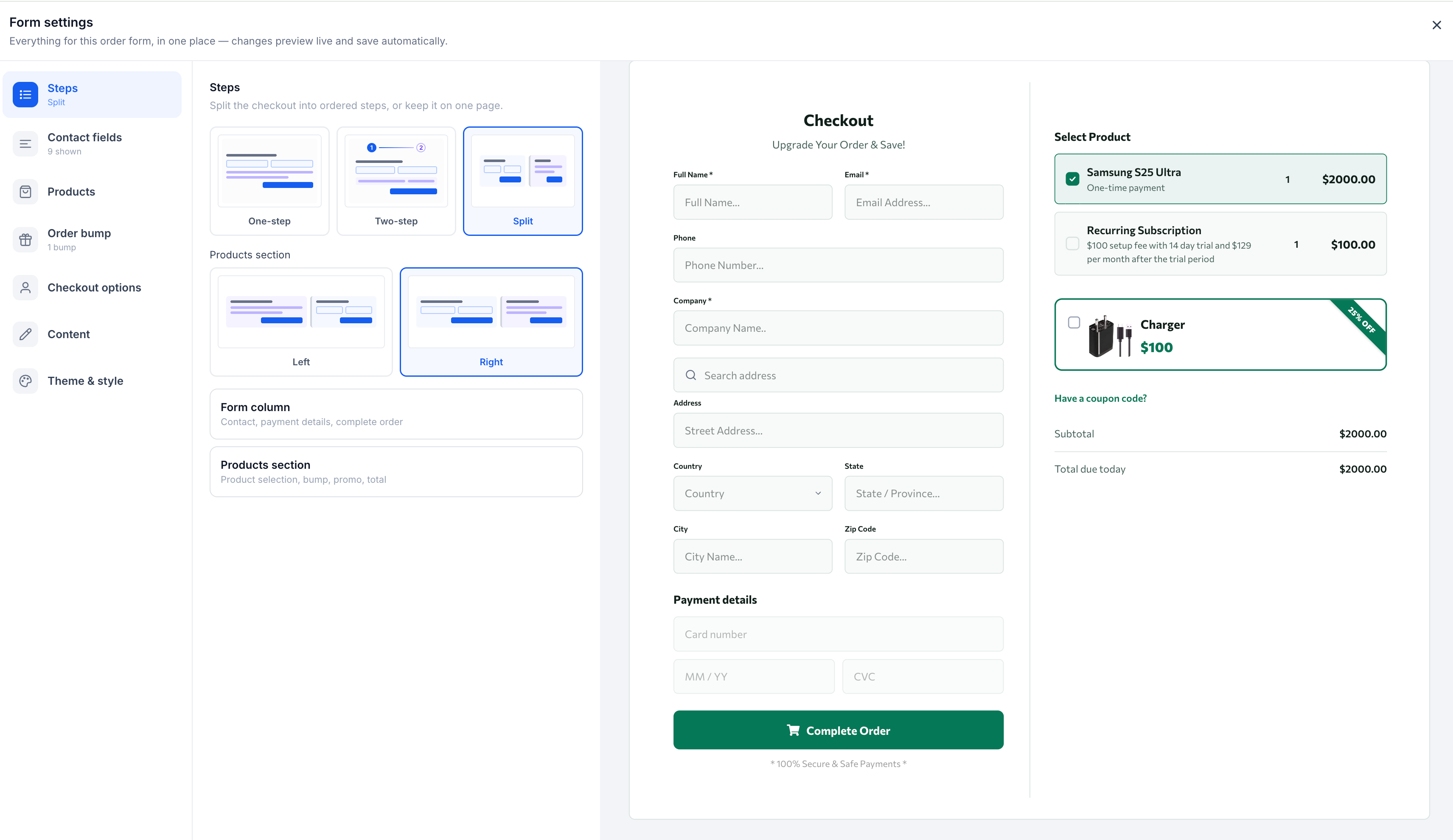 Selecting a checkout layout in the Order Form workspace