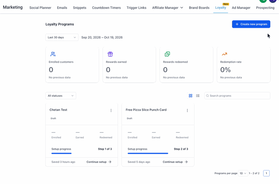 Creating a new loyalty program and selecting program type