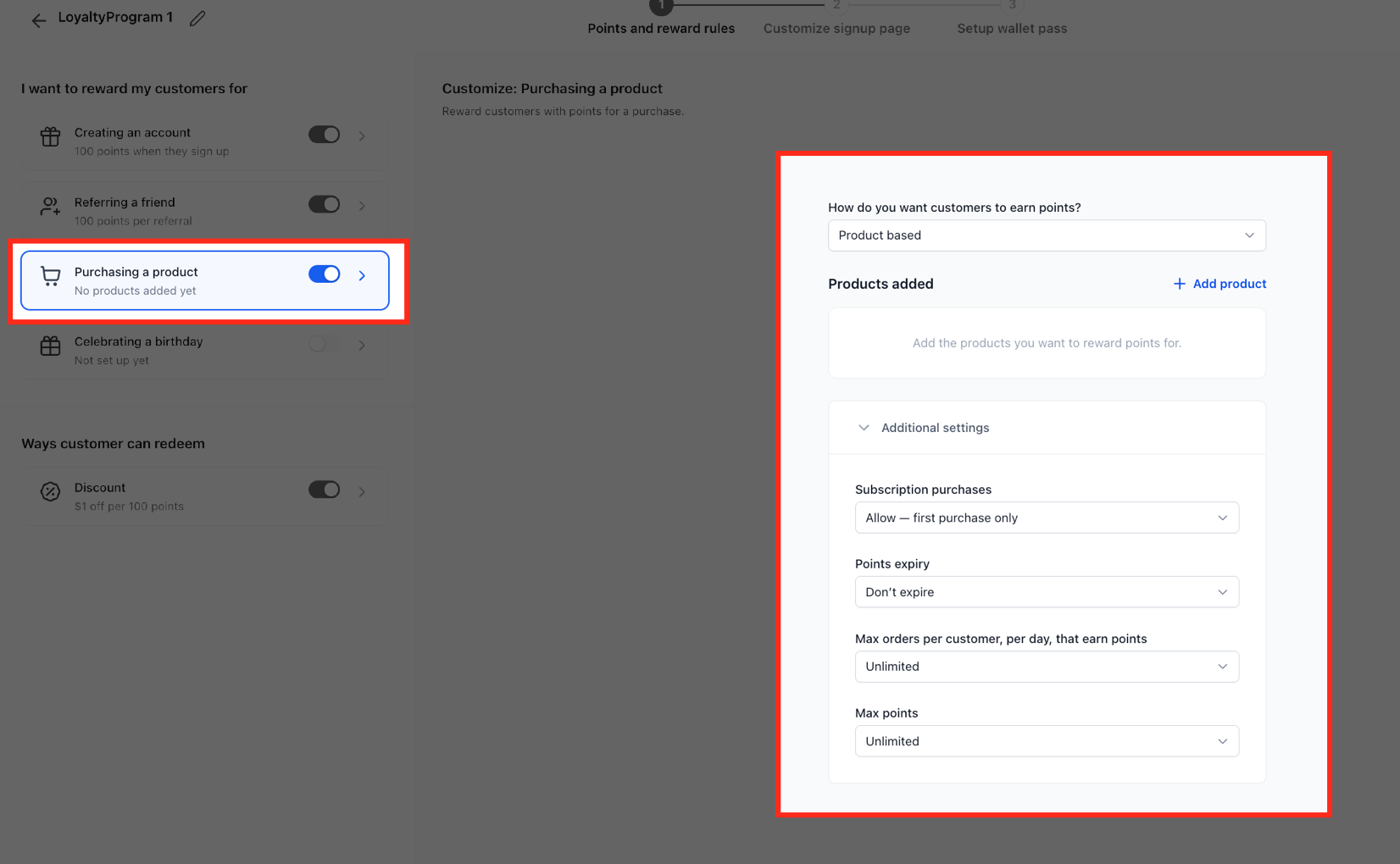 Product purchase reward configuration