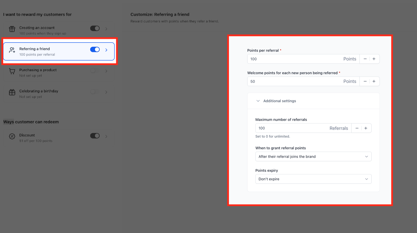 Referral reward settings for existing and new customers