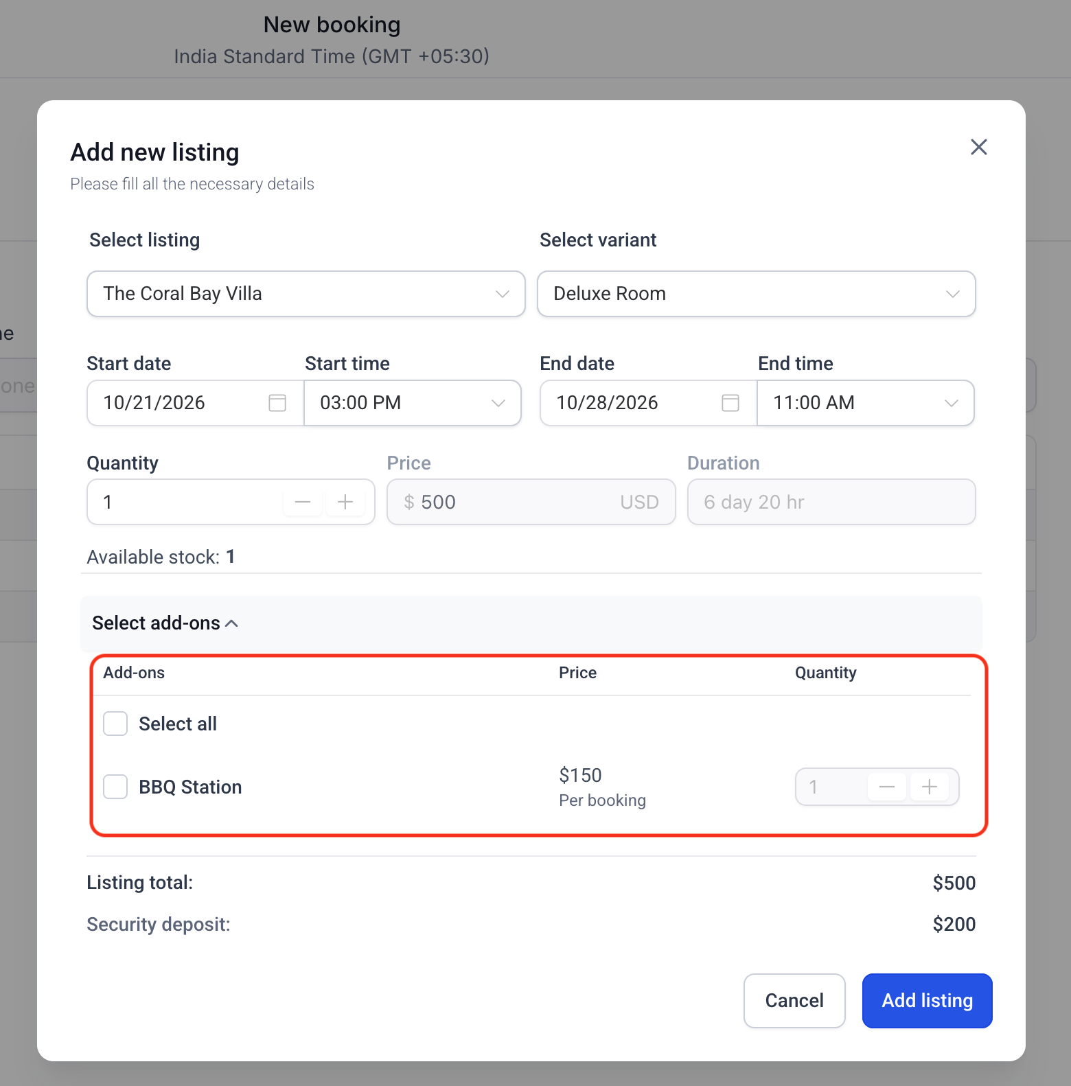 Selecting rental add-ons during a manual booking in Captivation Hub