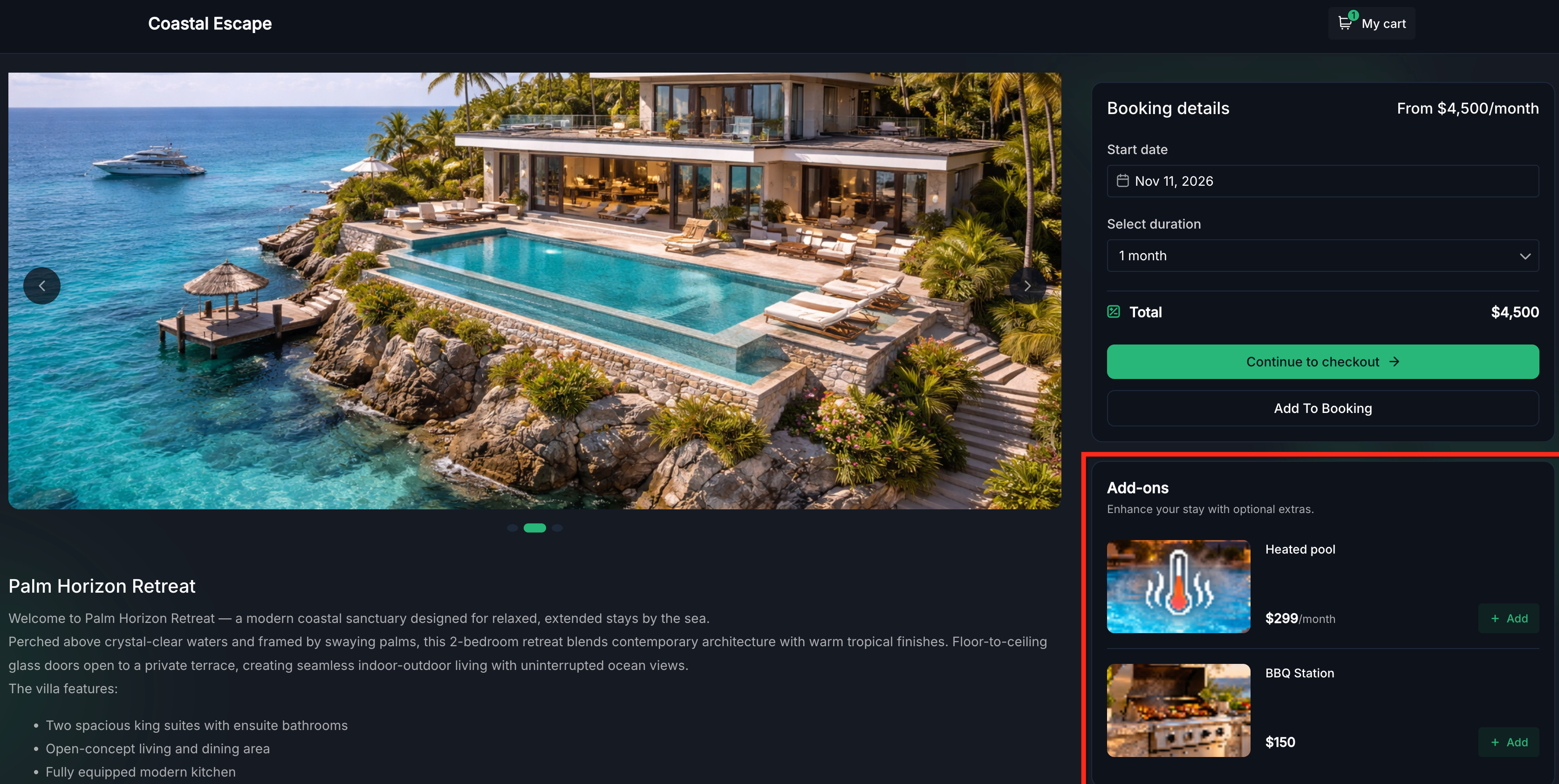 Add-ons displayed on the customer rental booking page