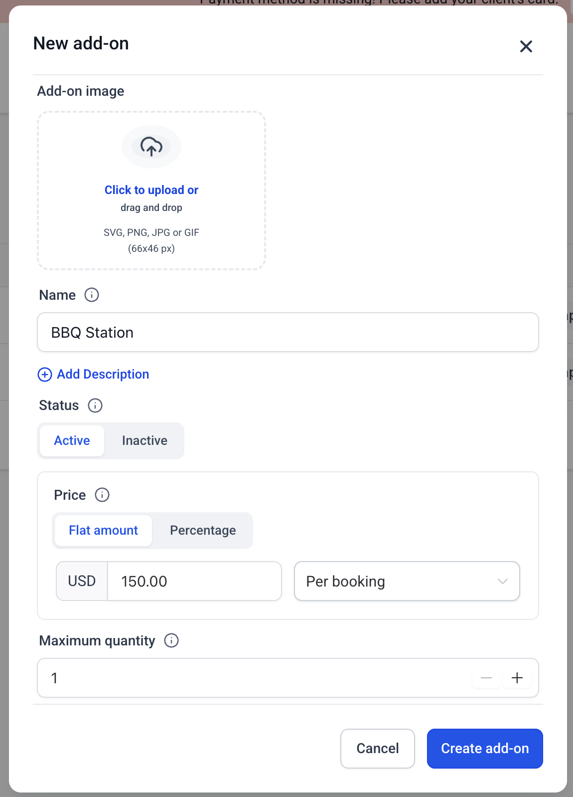 Create a new rental add-on in global settings