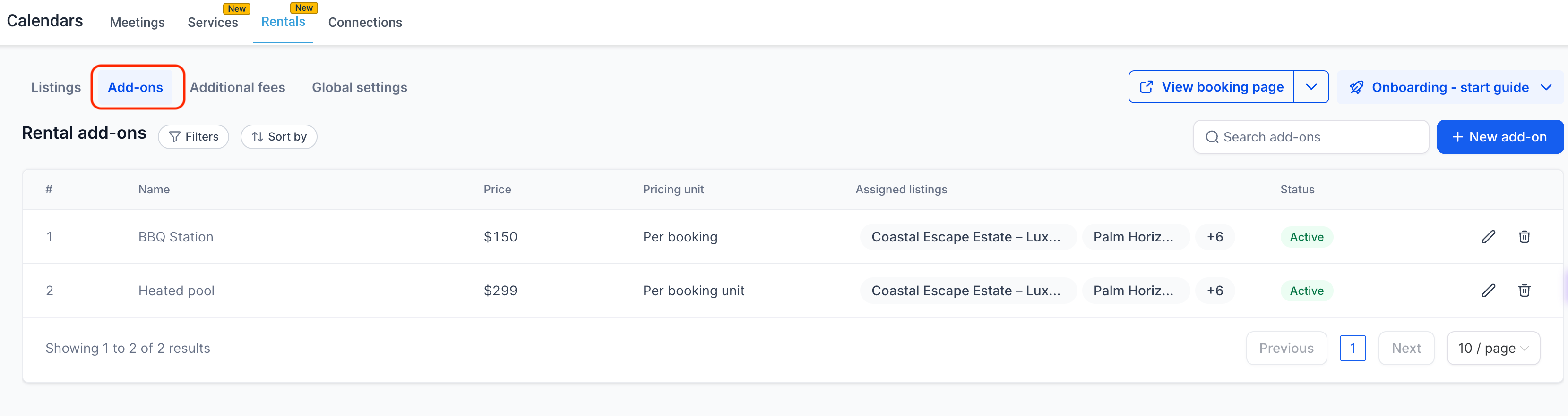 Rental add-ons catalog view with search and filter options